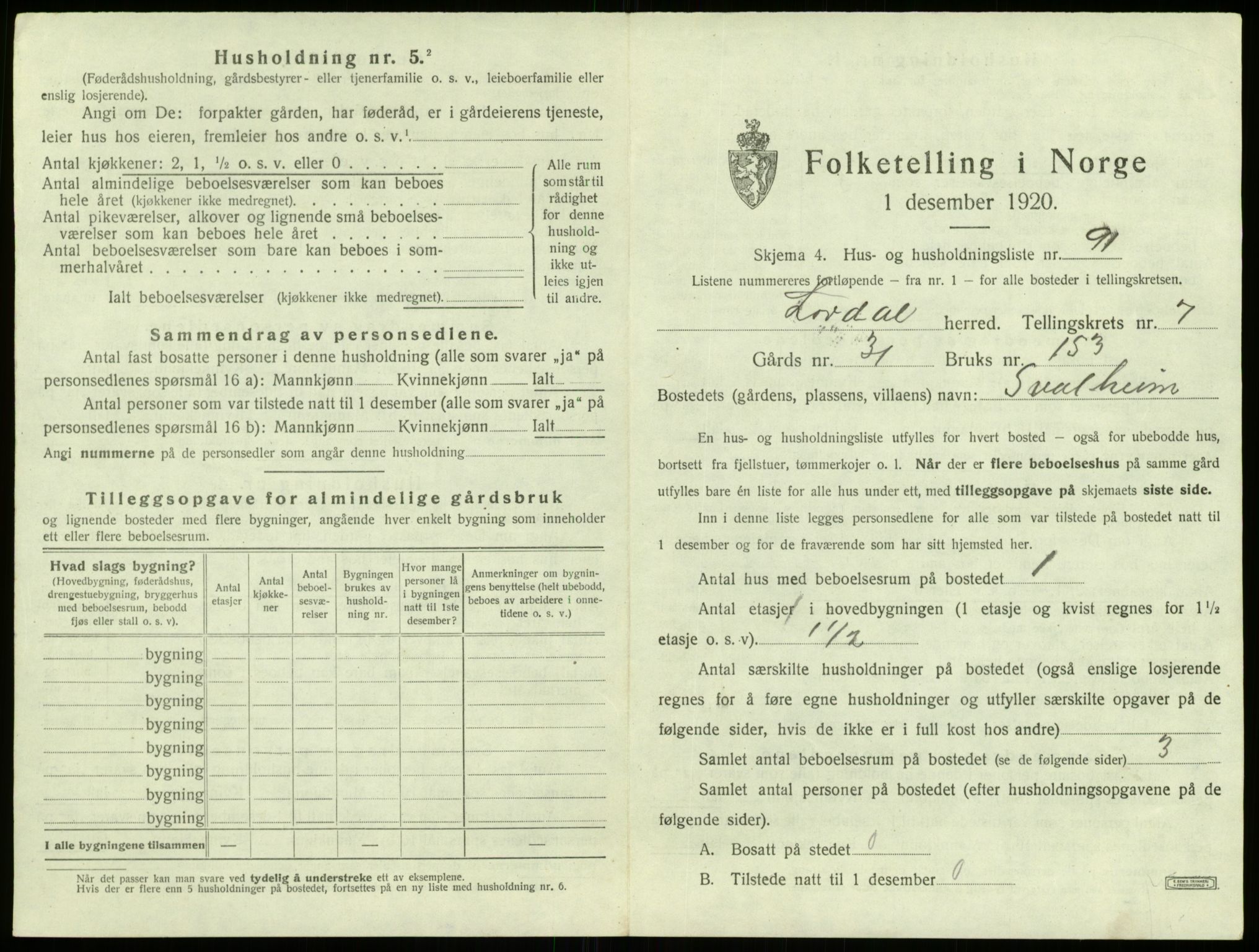 SAB, 1920 census for Lærdal, 1920, p. 711