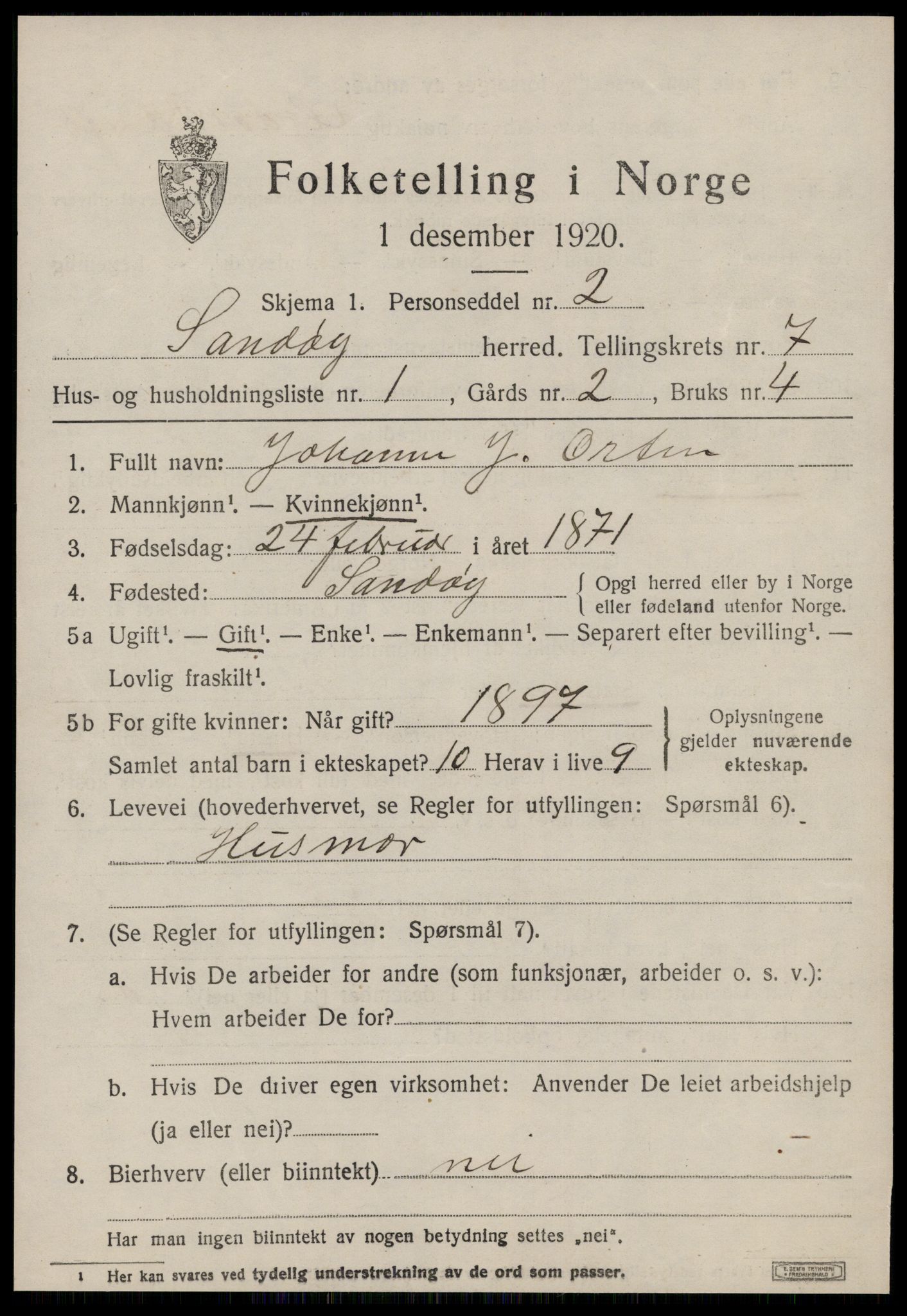 SAT, 1920 census for Sandøy, 1920, p. 2308