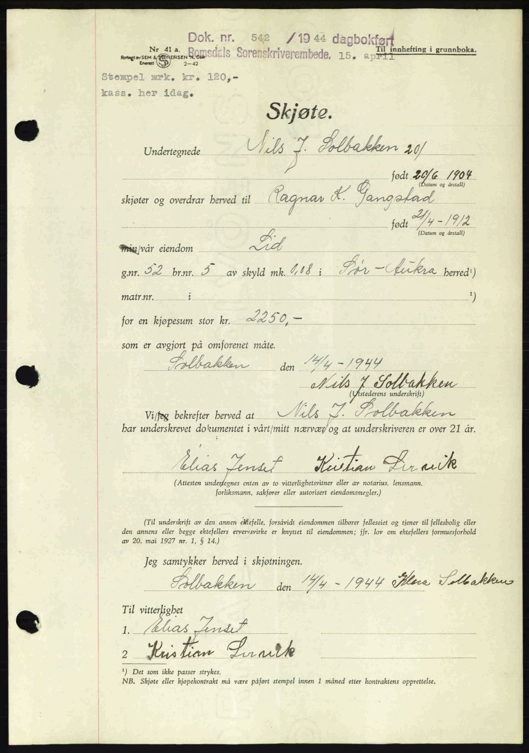 Romsdal sorenskriveri, SAT/A-4149/1/2/2C: Mortgage book no. A16, 1944-1944, Diary no: : 542/1944