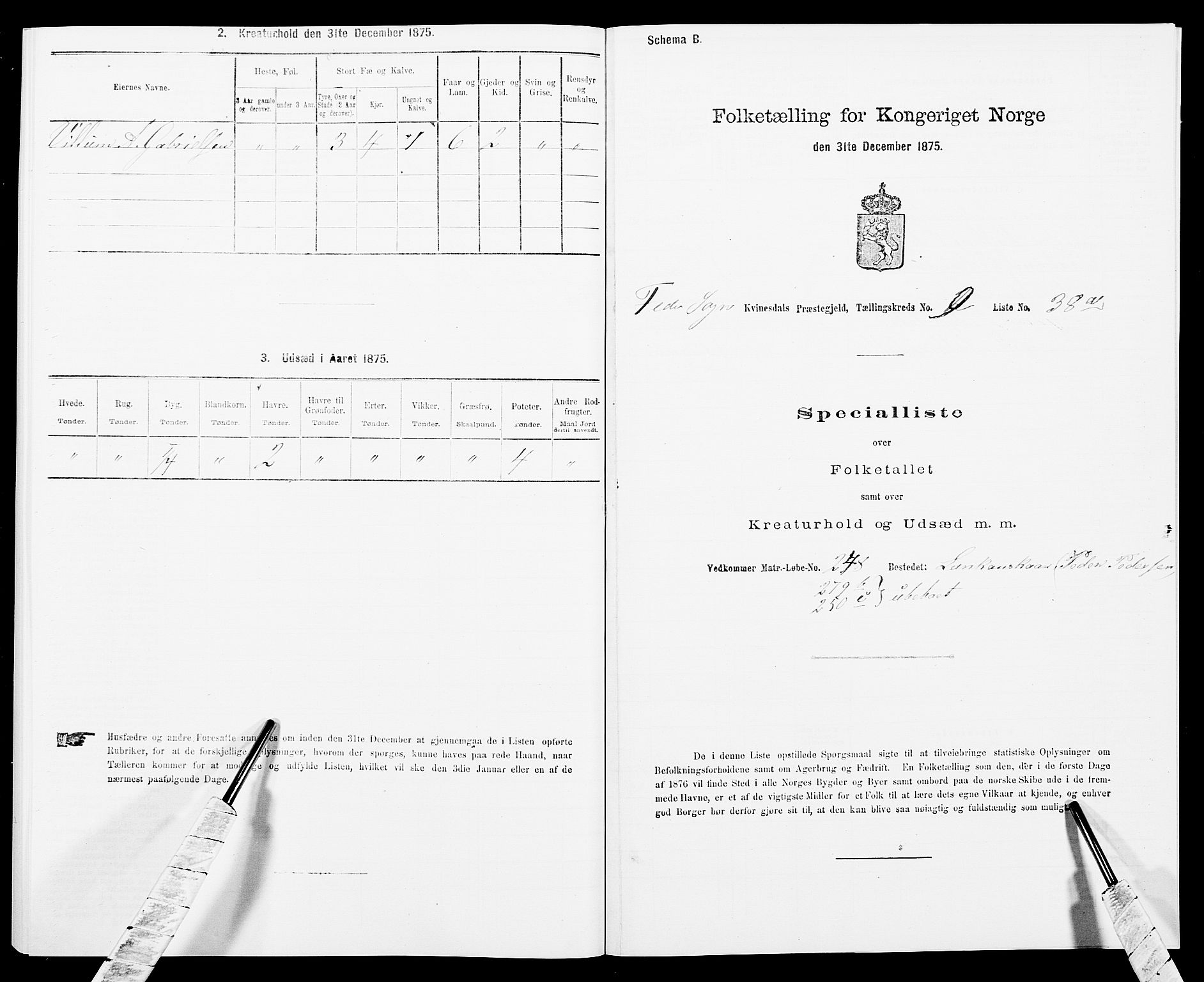 SAK, 1875 census for 1037P Kvinesdal, 1875, p. 1535