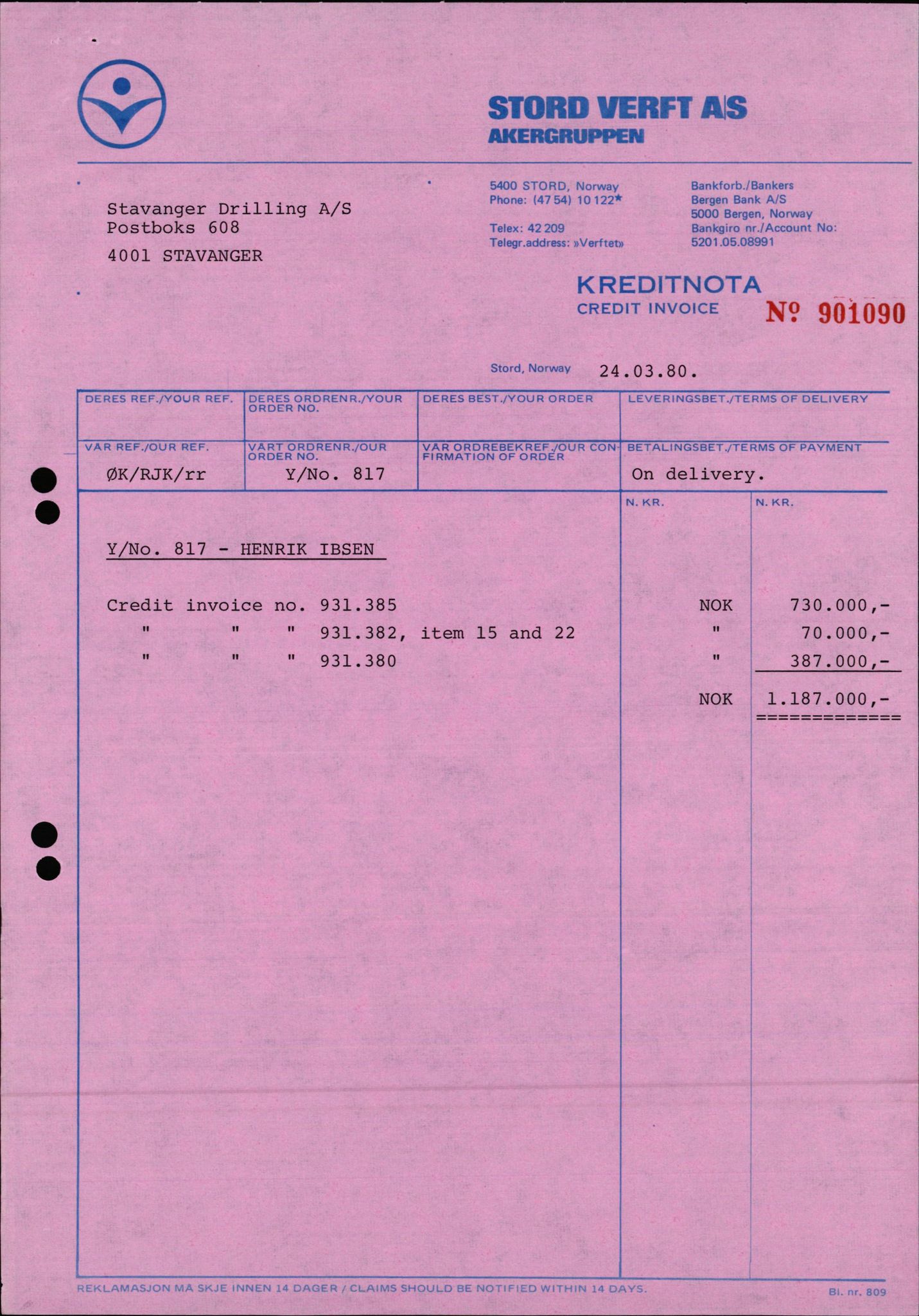 Pa 1503 - Stavanger Drilling AS, AV/SAST-A-101906/2/E/Ec/Eca/L0012: Voldgift Stord Verft, 1979-1982