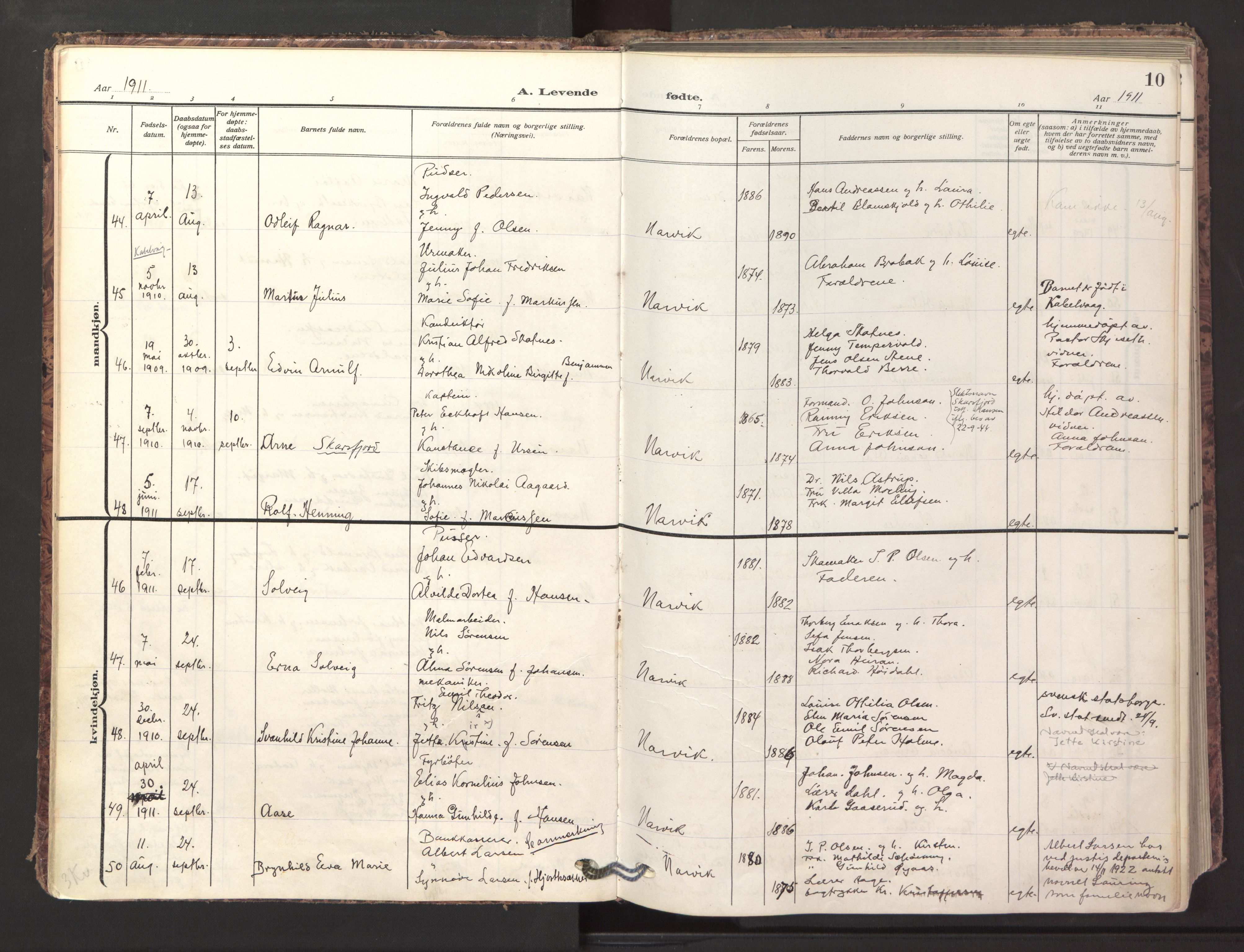 Ministerialprotokoller, klokkerbøker og fødselsregistre - Nordland, AV/SAT-A-1459/871/L1001: Parish register (official) no. 871A17, 1911-1921, p. 10