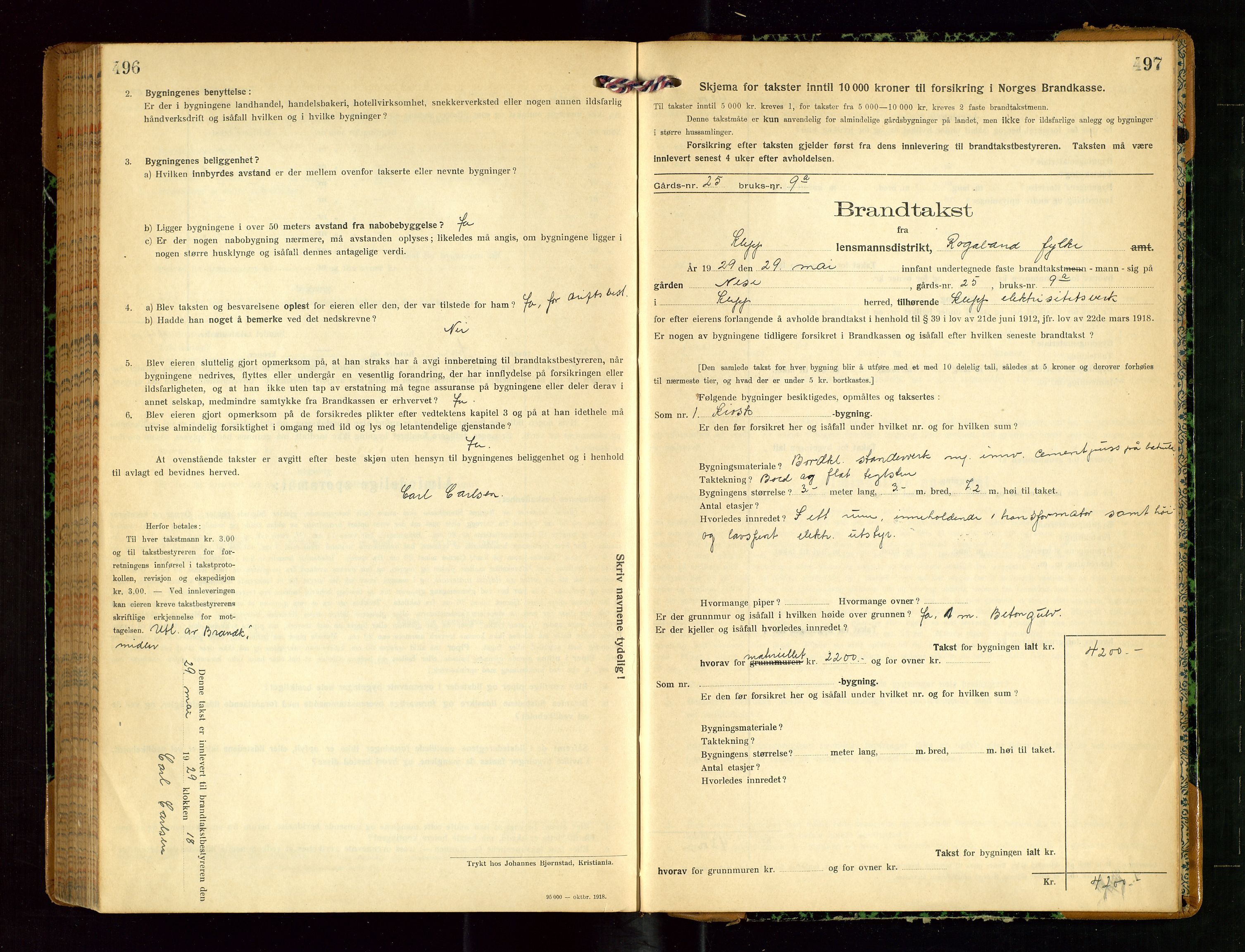 Klepp lensmannskontor, AV/SAST-A-100163/Goc/L0011: "Brandtakstprotokoll" m/register, 1924-1929, p. 496-497