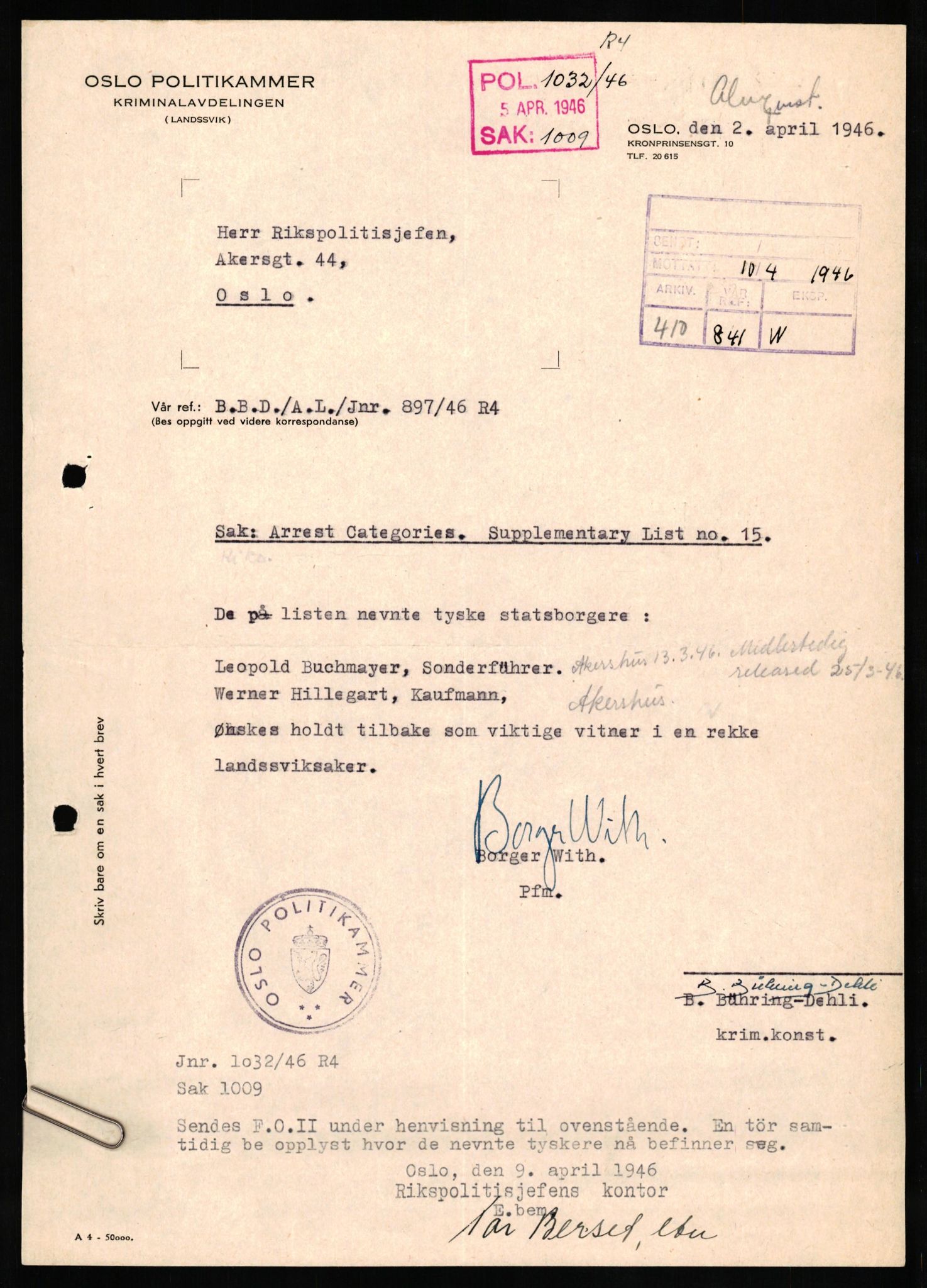 Forsvaret, Forsvarets overkommando II, AV/RA-RAFA-3915/D/Db/L0020: CI Questionaires. Tyske okkupasjonsstyrker i Norge. Tyskere., 1945-1946, p. 434