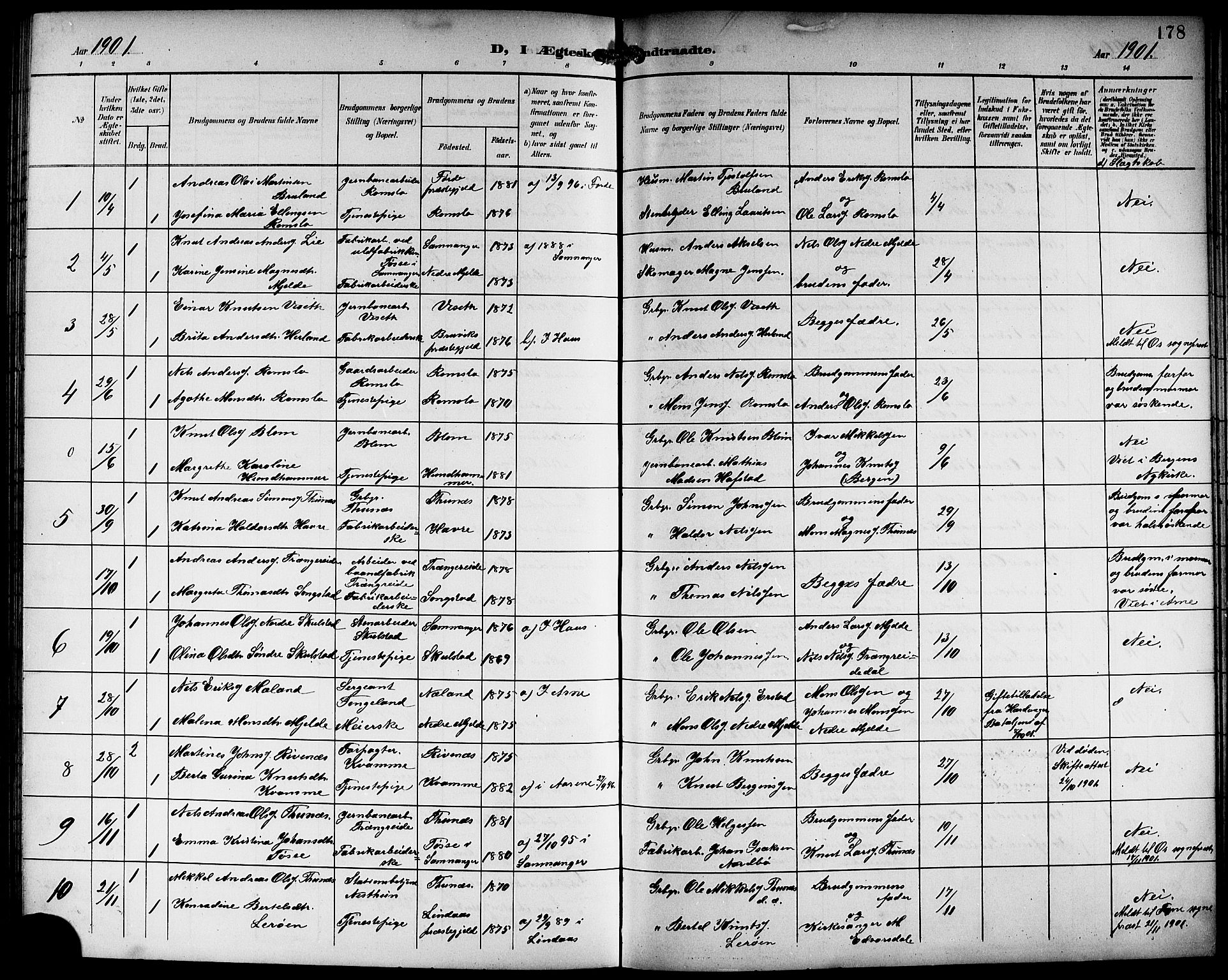 Haus sokneprestembete, SAB/A-75601/H/Hab: Parish register (copy) no. B 4, 1900-1921, p. 178