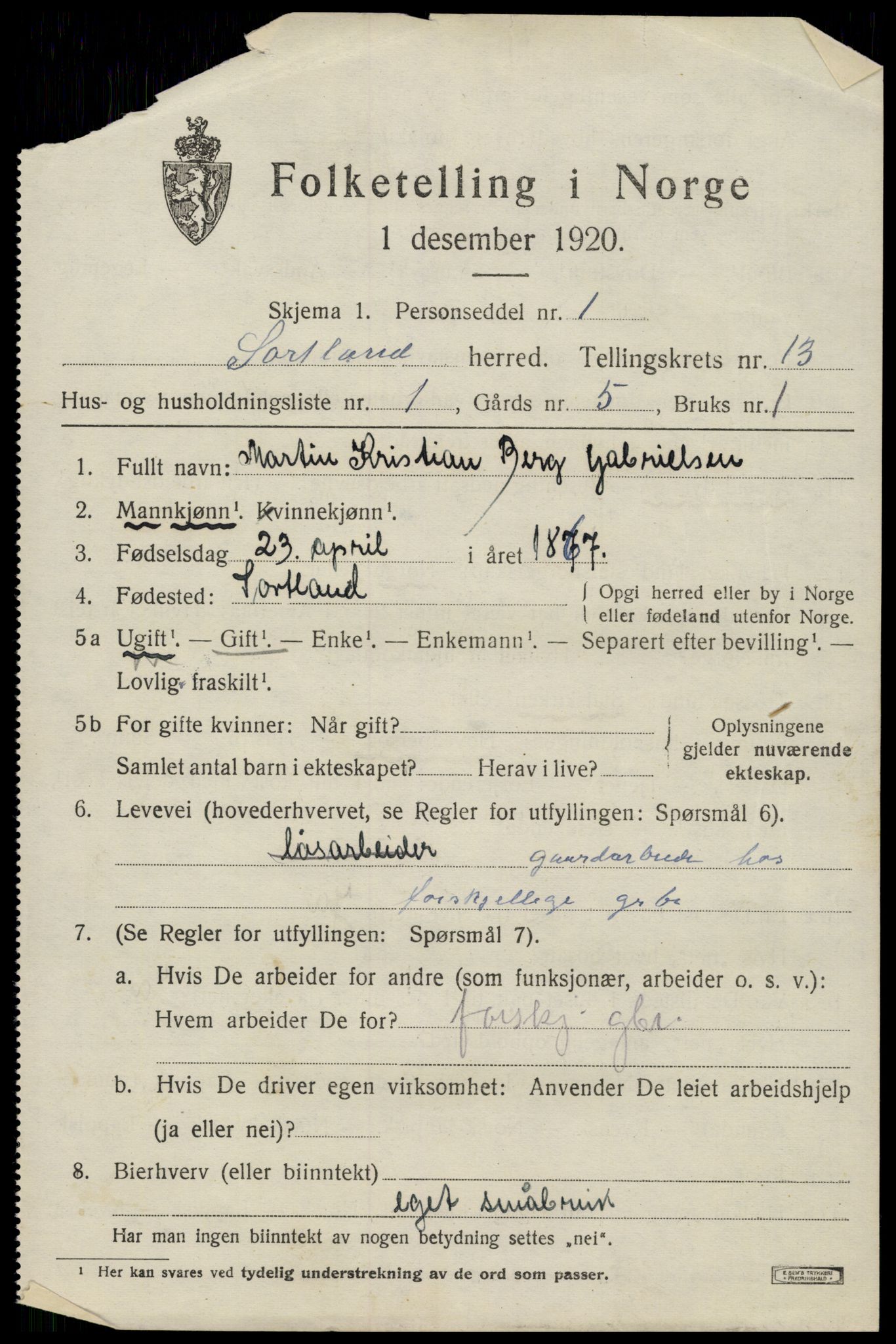 SAT, 1920 census for Sortland, 1920, p. 10414