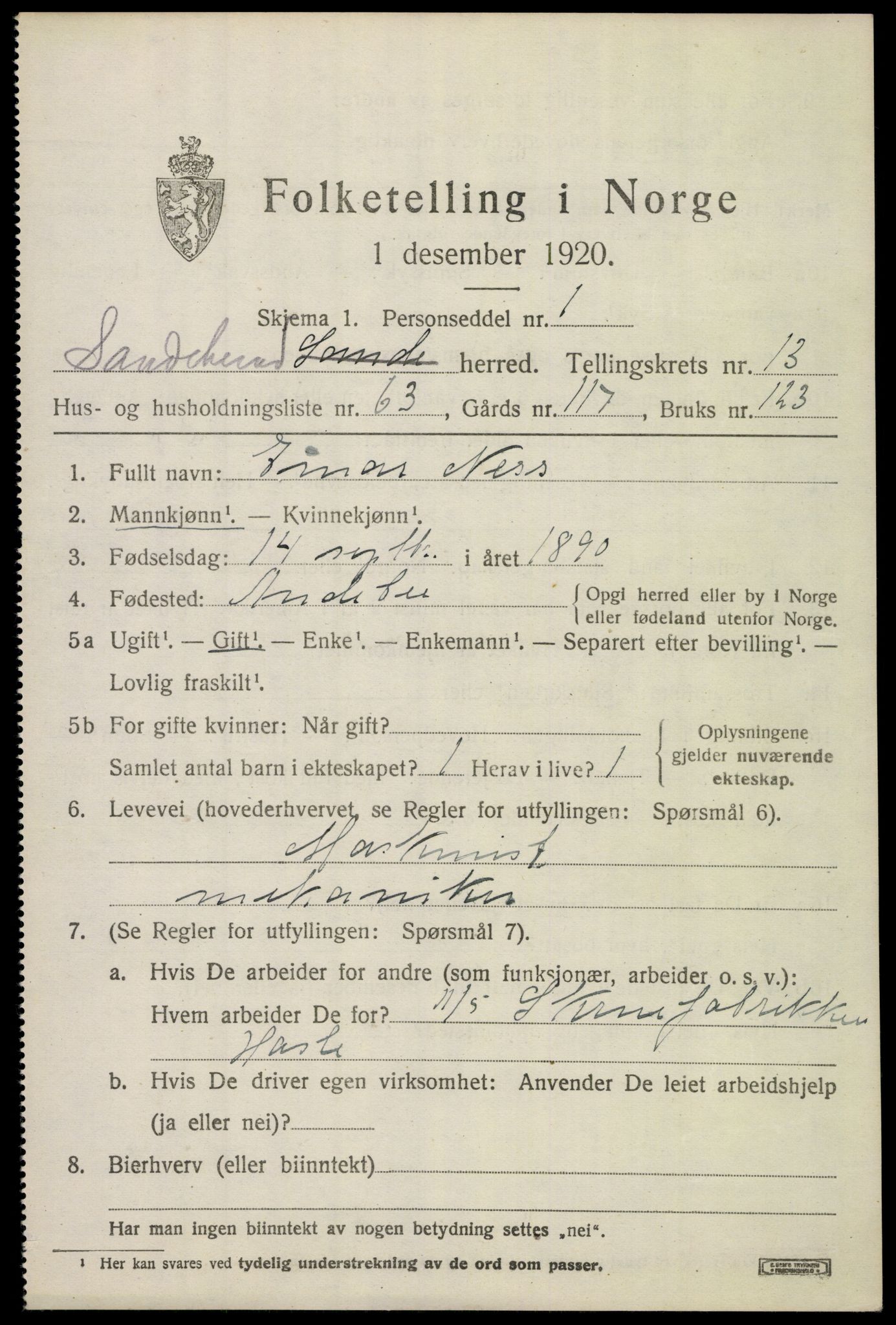 SAKO, 1920 census for Sandeherred, 1920, p. 20158
