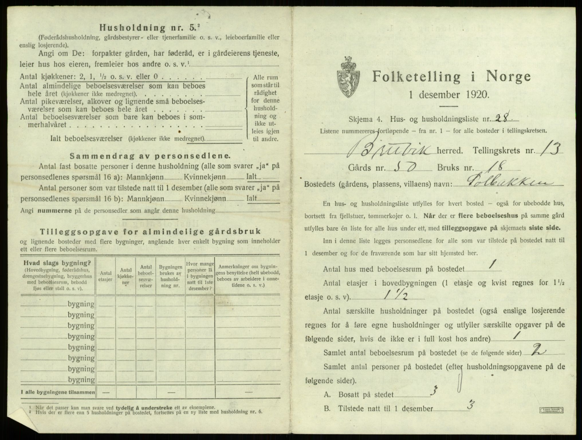 SAB, 1920 census for Bruvik, 1920, p. 937