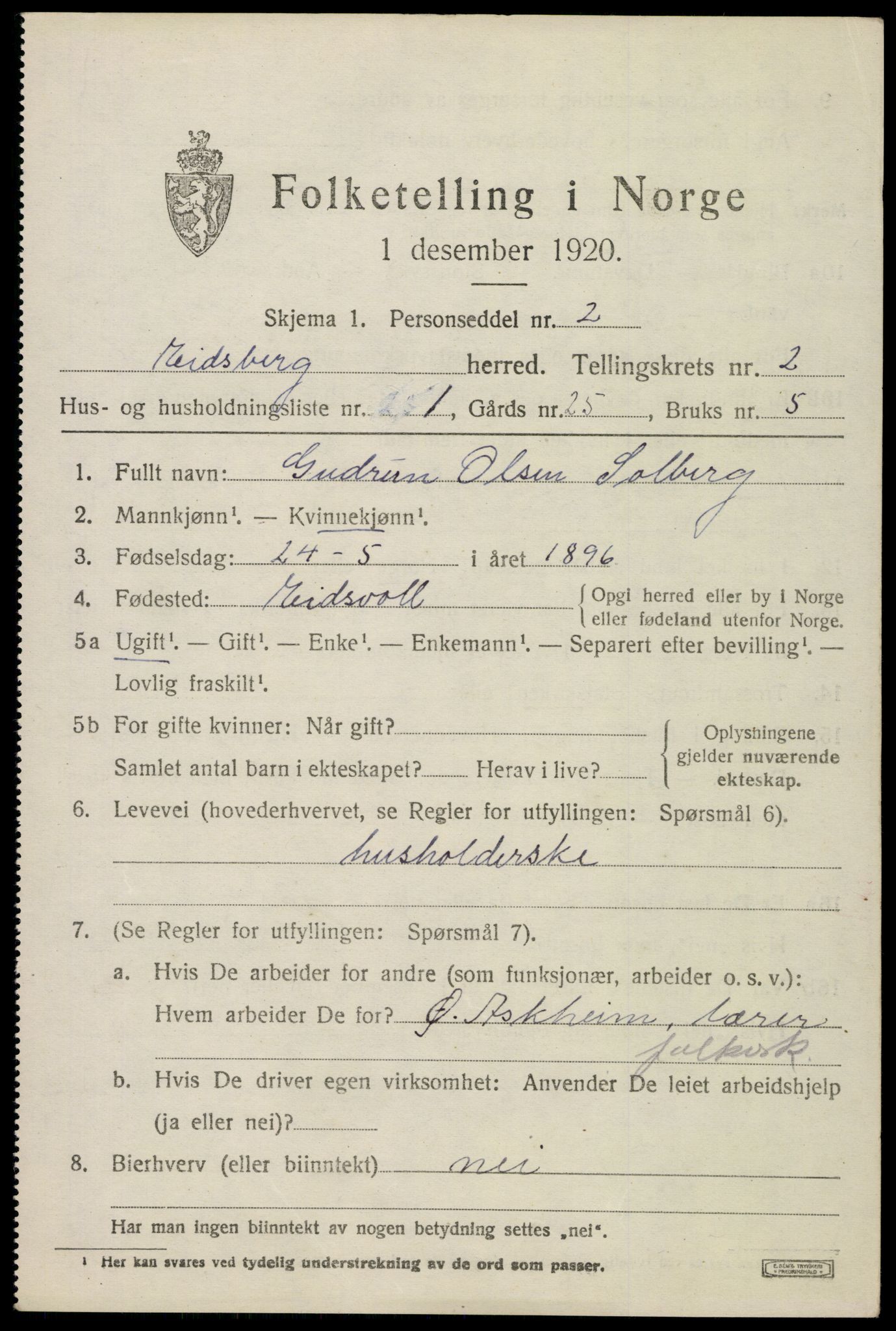 SAO, 1920 census for Eidsberg, 1920, p. 3183