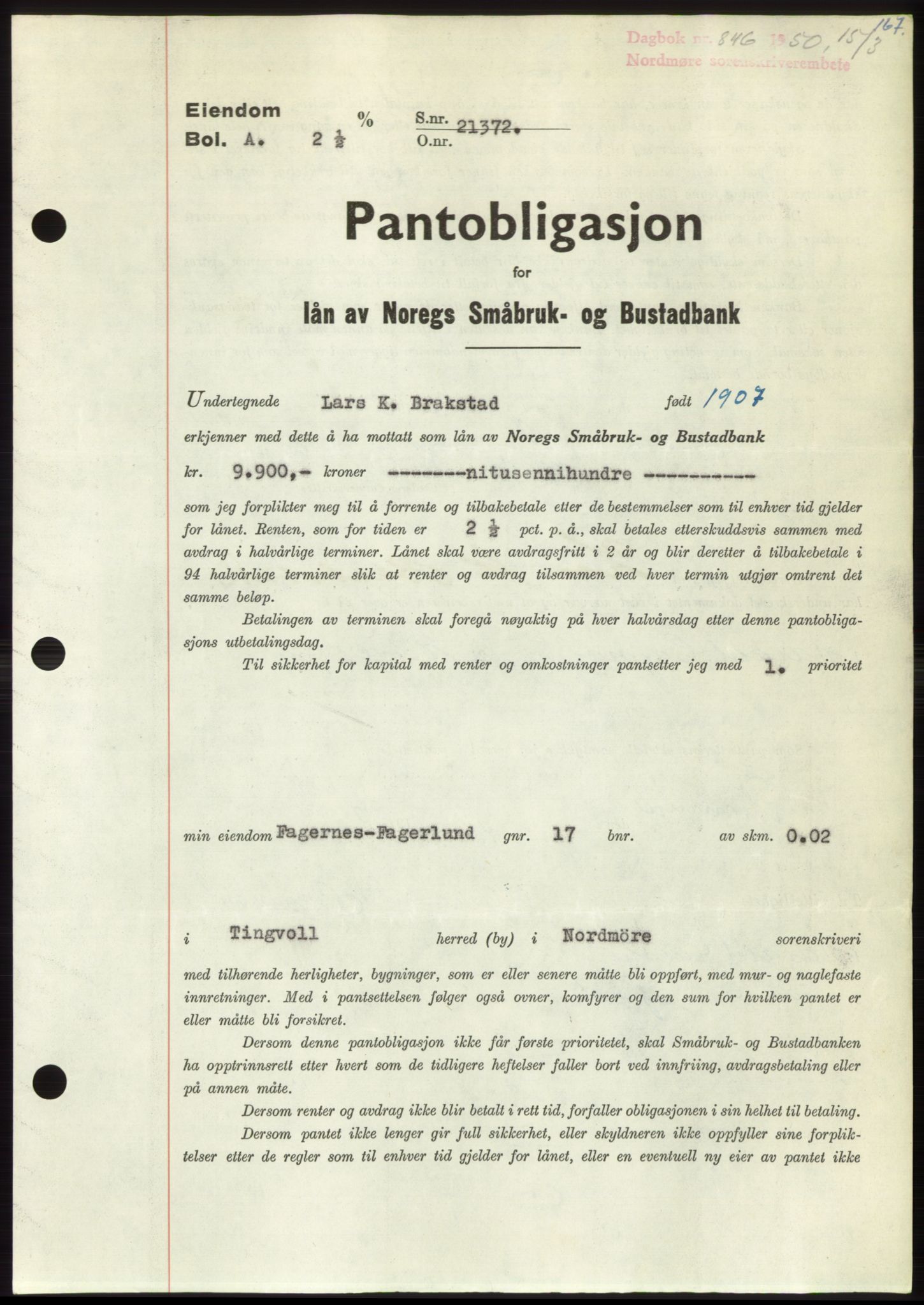 Nordmøre sorenskriveri, AV/SAT-A-4132/1/2/2Ca: Mortgage book no. B104, 1950-1950, Diary no: : 846/1950