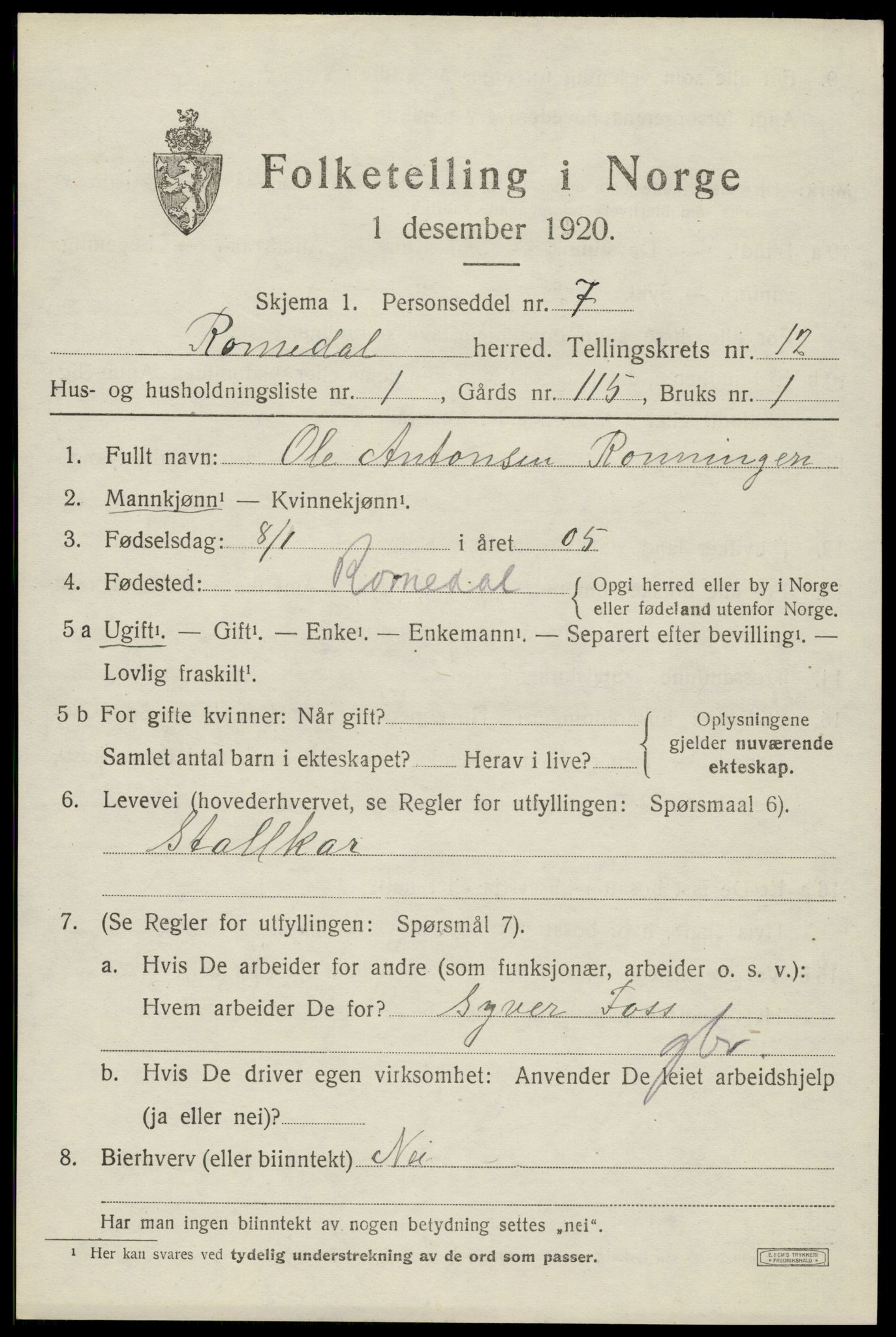 SAH, 1920 census for Romedal, 1920, p. 12607