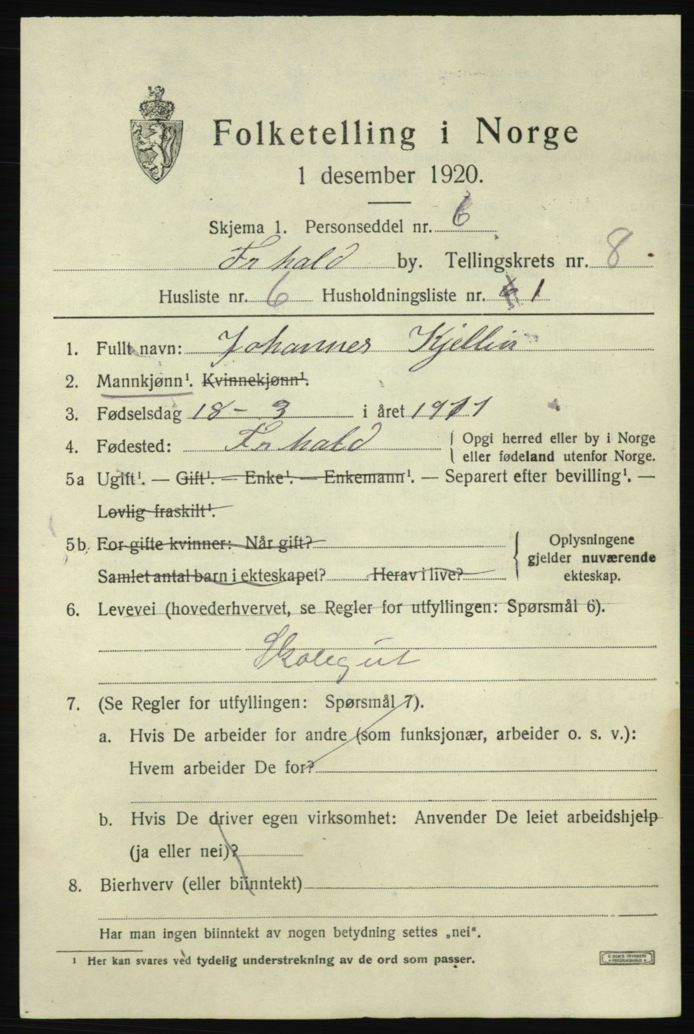SAO, 1920 census for Fredrikshald, 1920, p. 14713