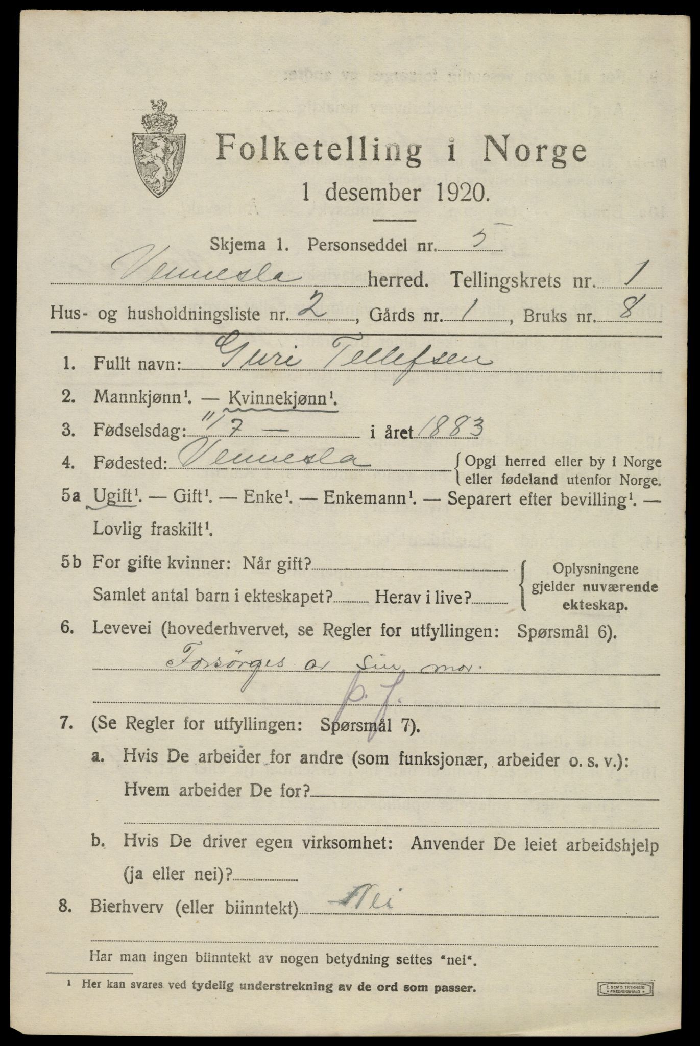 SAK, 1920 census for Vennesla, 1920, p. 952