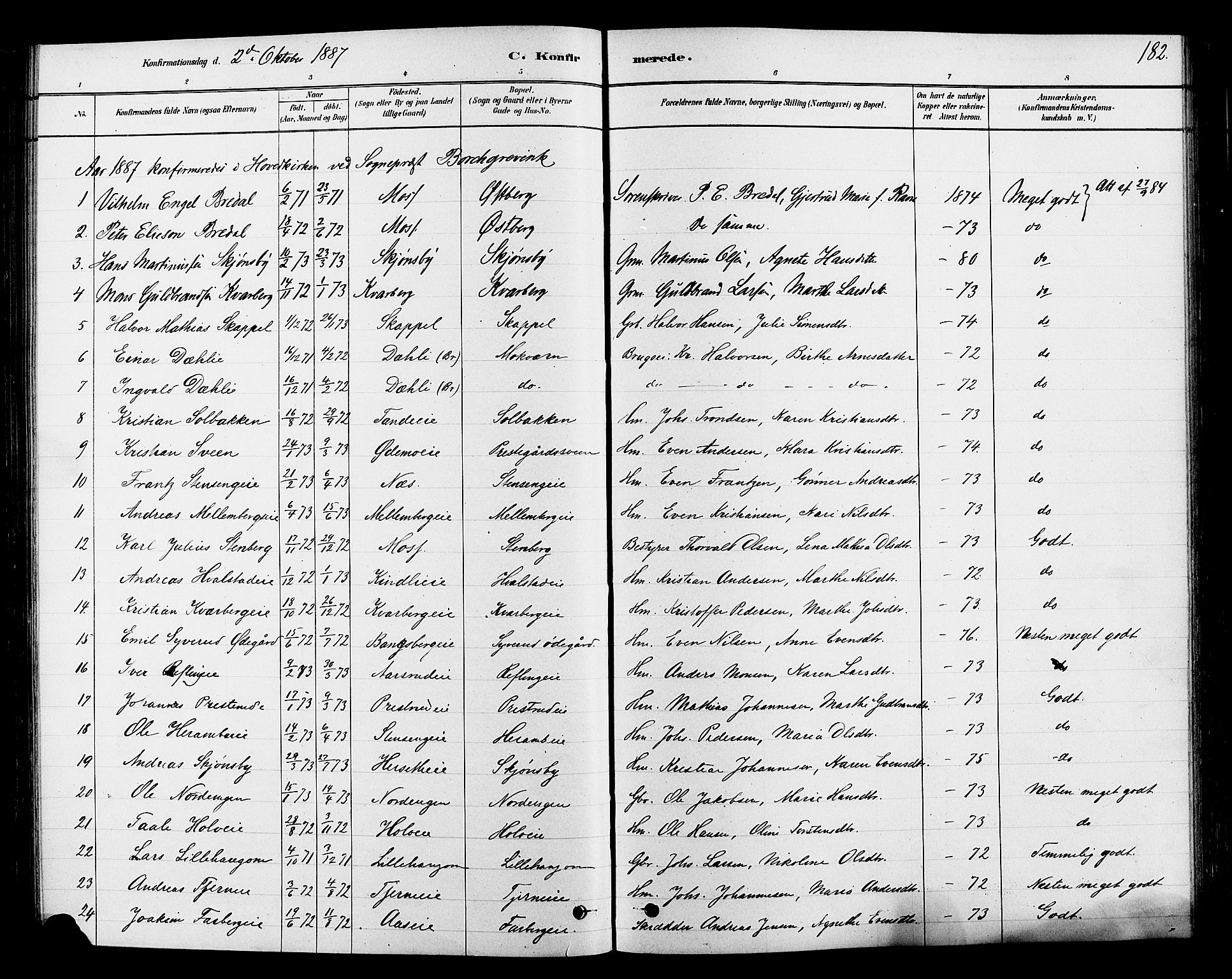 Ringsaker prestekontor, SAH/PREST-014/L/La/L0009: Parish register (copy) no. 9, 1879-1890, p. 182