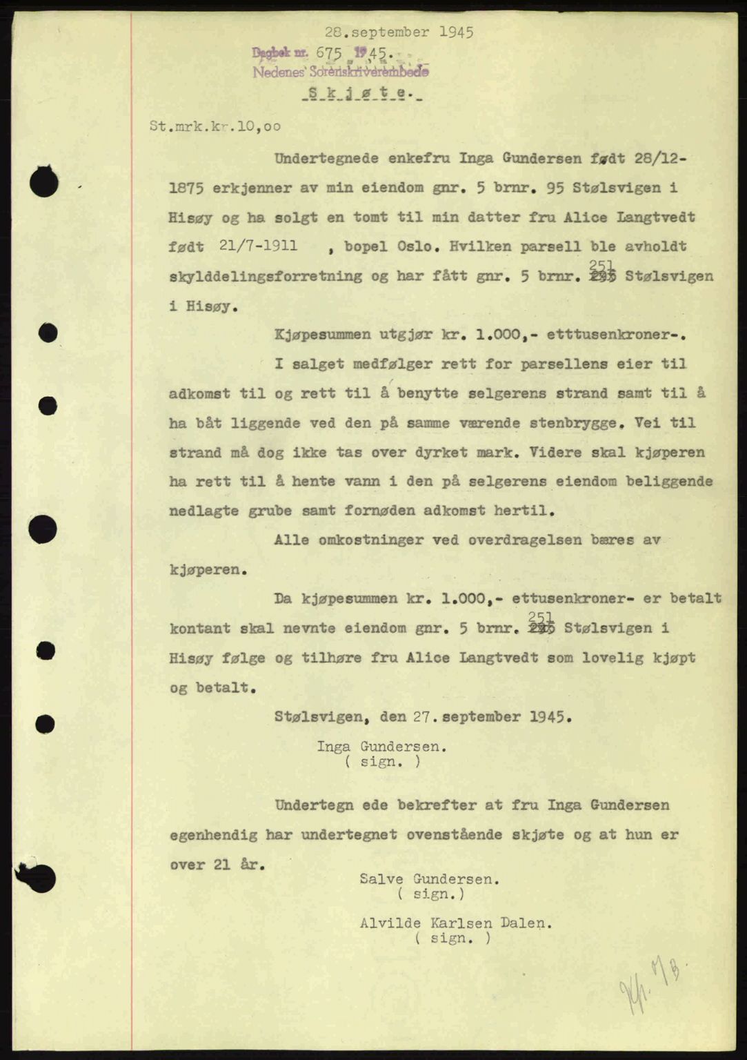 Nedenes sorenskriveri, SAK/1221-0006/G/Gb/Gba/L0053: Mortgage book no. A6b, 1945-1945, Diary no: : 675/1945