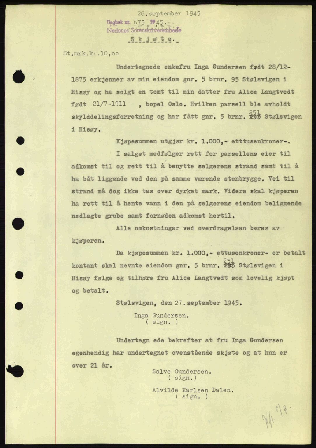 Nedenes sorenskriveri, AV/SAK-1221-0006/G/Gb/Gba/L0053: Mortgage book no. A6b, 1945-1945, Diary no: : 675/1945