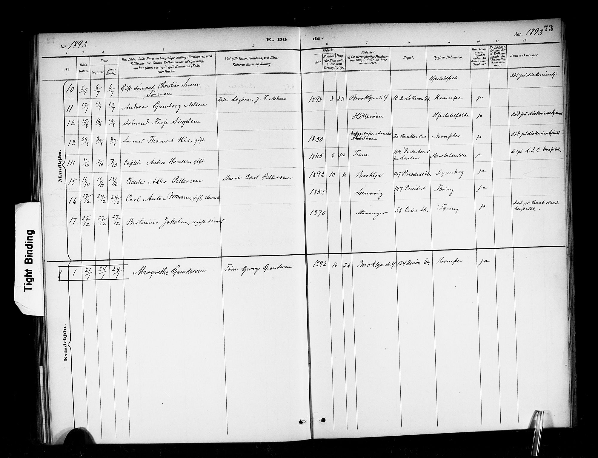 Den norske sjømannsmisjon i utlandet/New York, SAB/SAB/PA-0110/H/Ha/L0003: Parish register (official) no. A 3, 1888-1893, p. 73