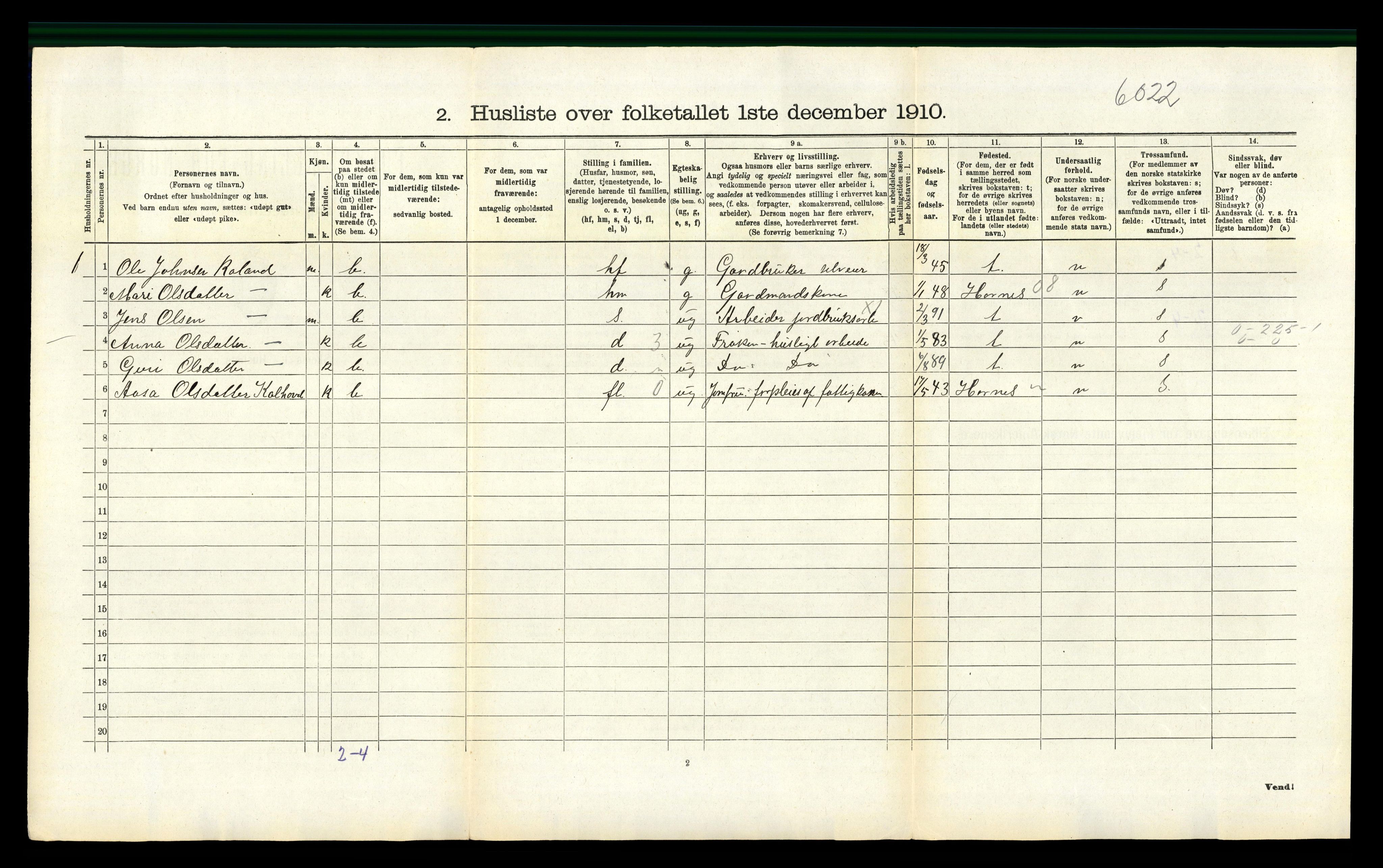 RA, 1910 census for Bjelland, 1910, p. 263