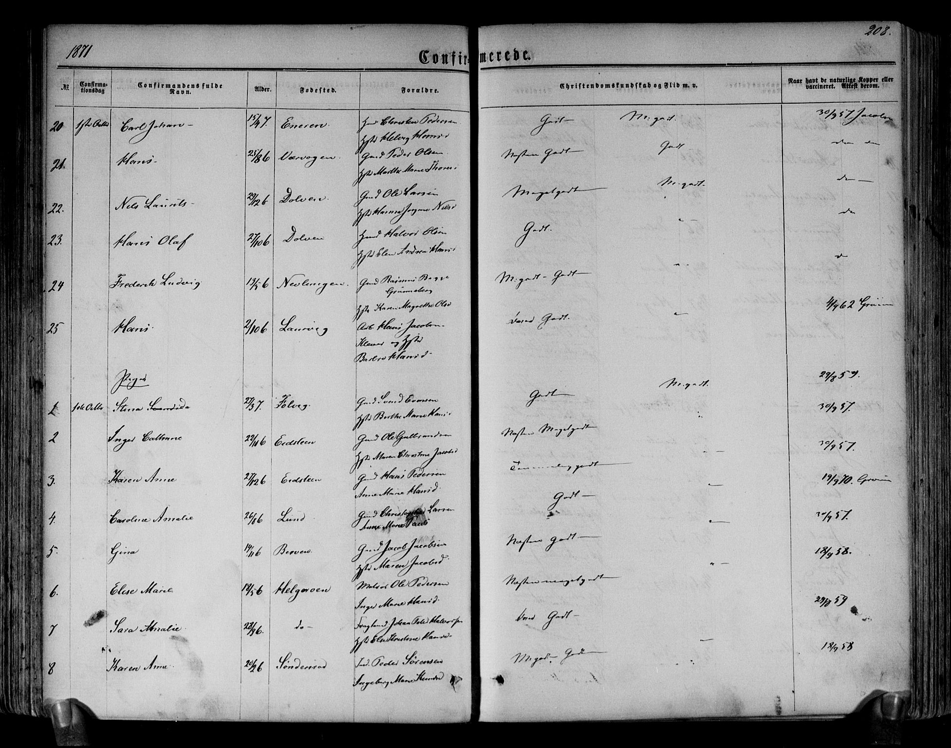 Brunlanes kirkebøker, AV/SAKO-A-342/F/Fa/L0005: Parish register (official) no. I 5, 1862-1877, p. 208