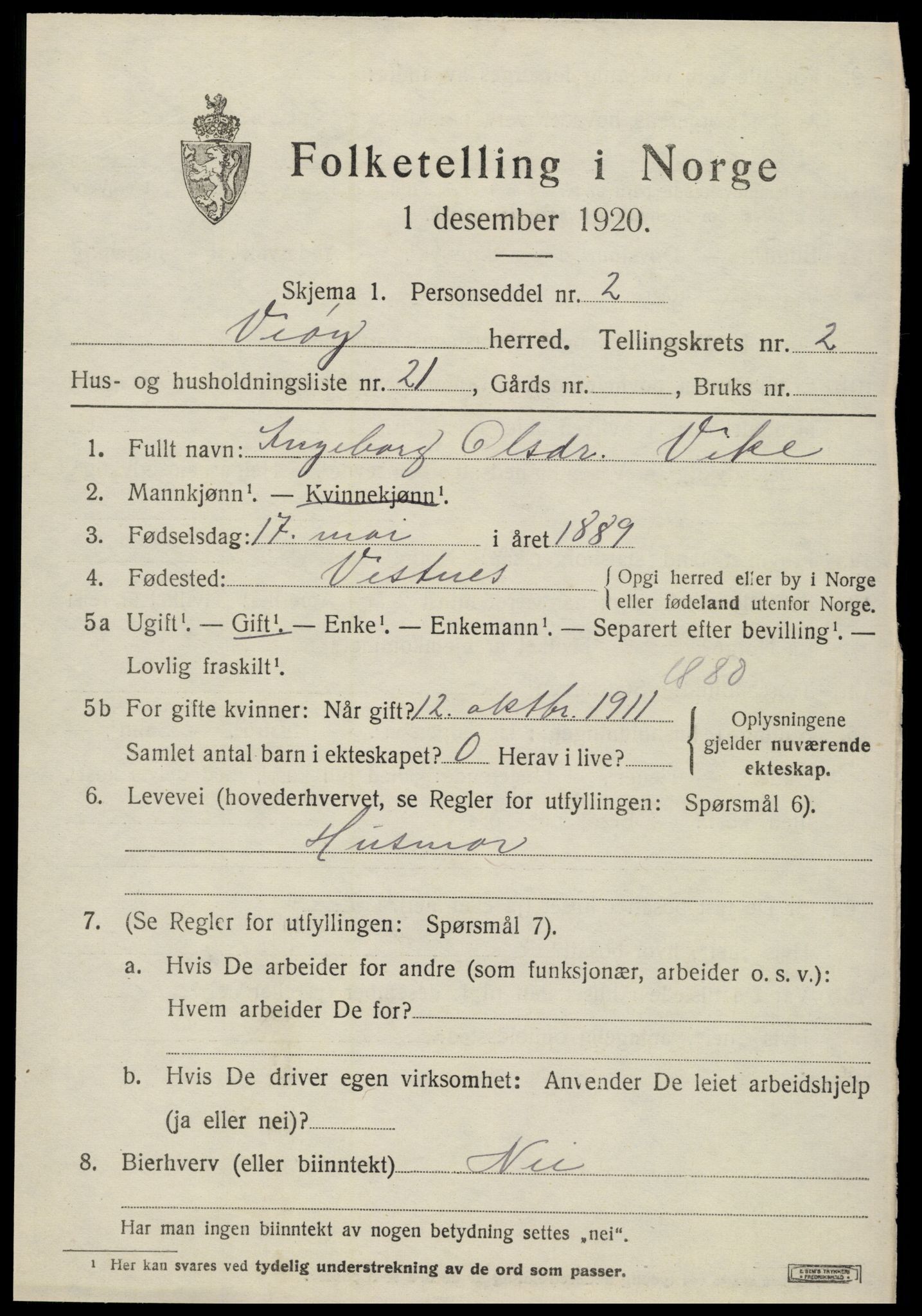 SAT, 1920 census for Veøy, 1920, p. 1437