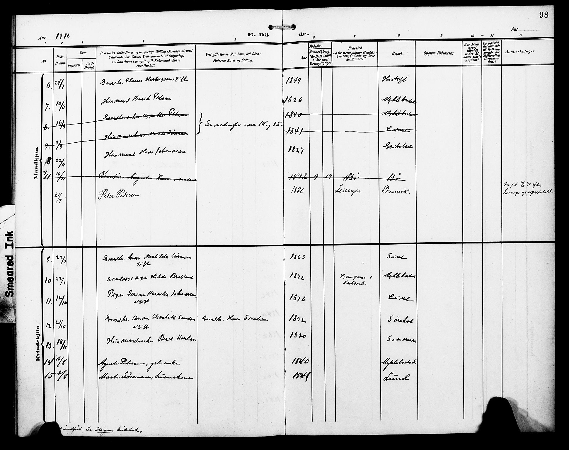 Ministerialprotokoller, klokkerbøker og fødselsregistre - Nordland, SAT/A-1459/857/L0829: Parish register (copy) no. 857C04, 1906-1916, p. 98