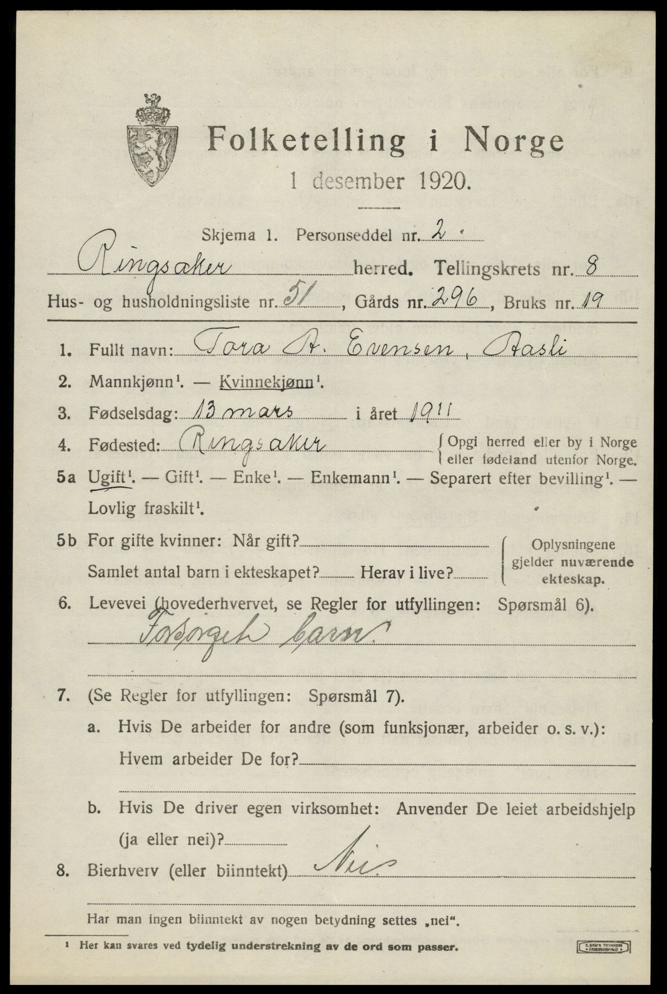 SAH, 1920 census for Ringsaker, 1920, p. 17512