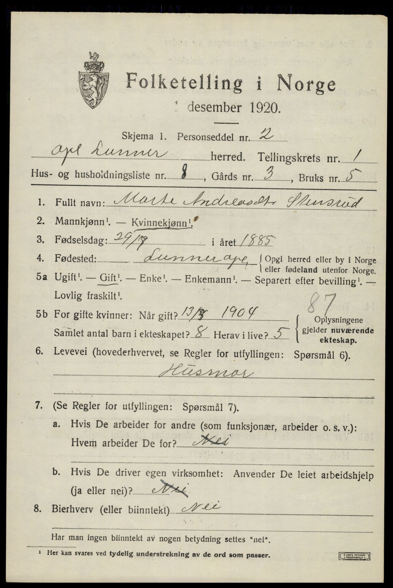 SAH, 1920 census for Lunner, 1920, p. 1729