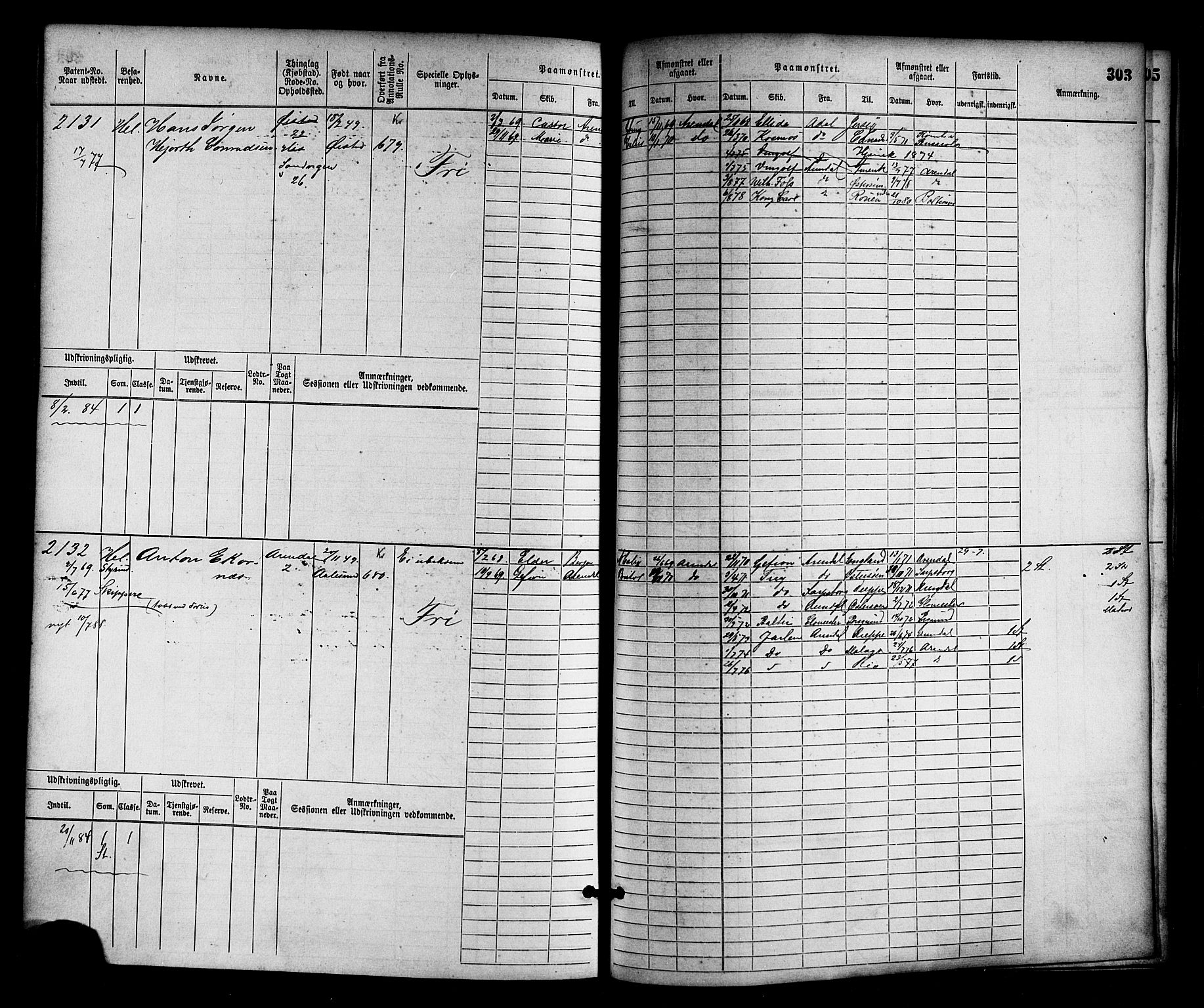 Arendal mønstringskrets, AV/SAK-2031-0012/F/Fb/L0012: Hovedrulle nr 1529-2290, S-10, 1868-1885, p. 313