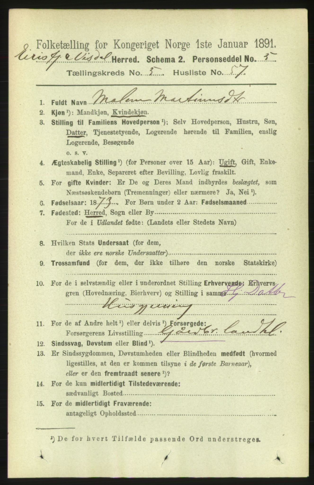 RA, 1891 census for 1542 Eresfjord og Vistdal, 1891, p. 1407