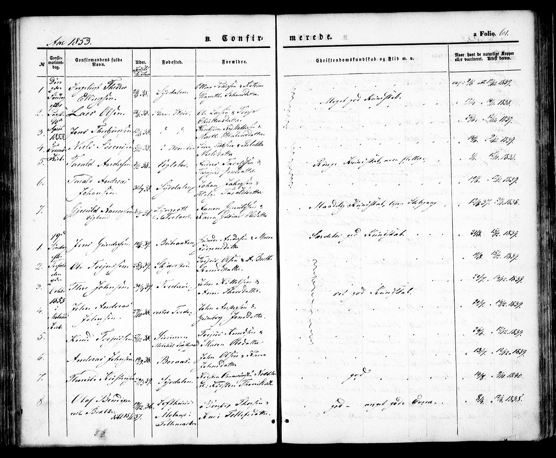 Austre Moland sokneprestkontor, SAK/1111-0001/F/Fa/Faa/L0007: Parish register (official) no. A 7, 1847-1857, p. 61