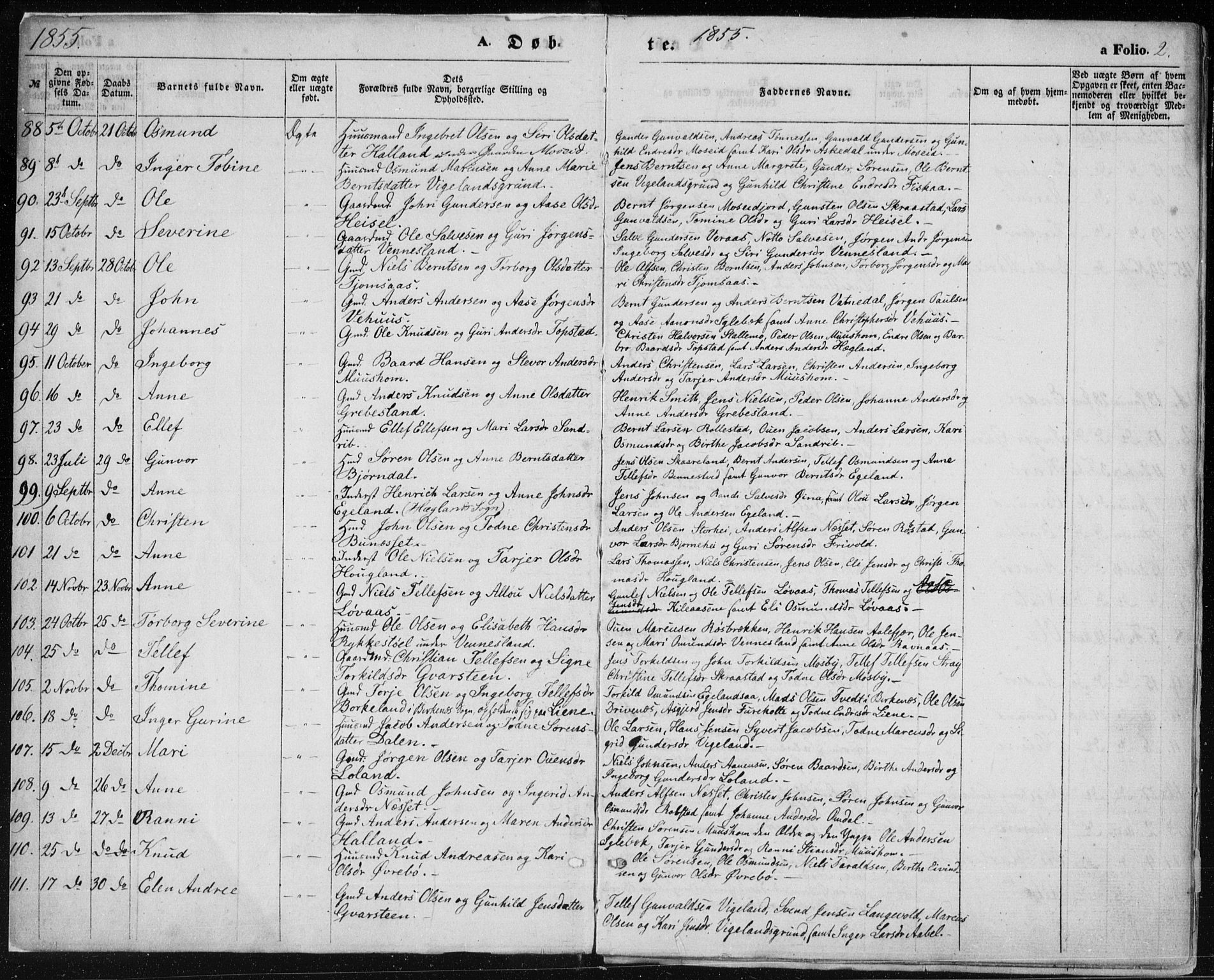 Vennesla sokneprestkontor, AV/SAK-1111-0045/Fa/Fac/L0007: Parish register (official) no. A 7, 1855-1873, p. 2