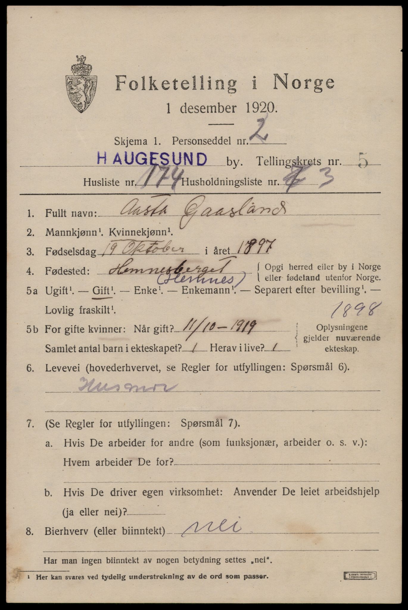 SAST, 1920 census for Haugesund, 1920, p. 21427