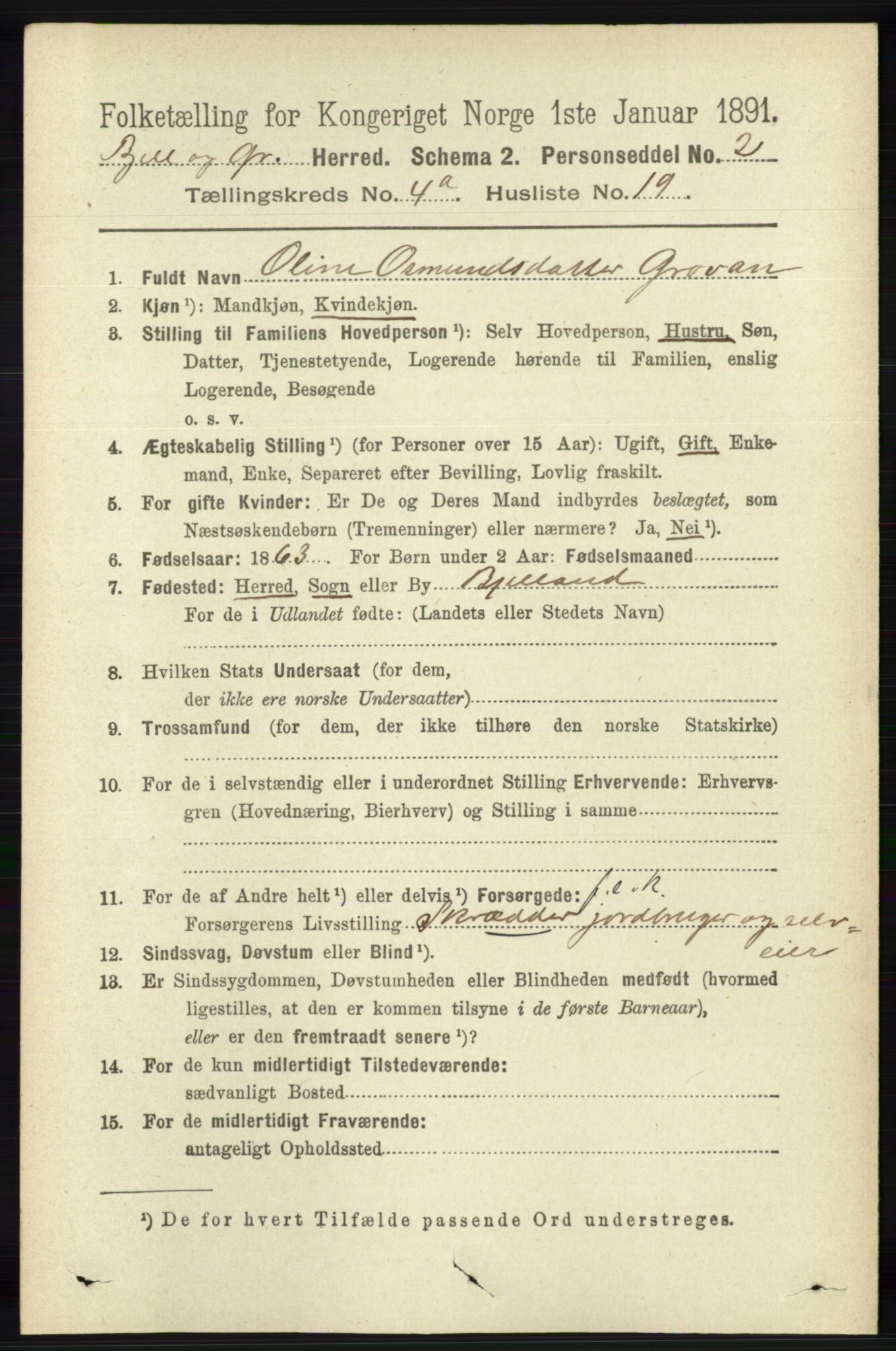 RA, 1891 census for 1024 Bjelland og Grindheim, 1891, p. 2206