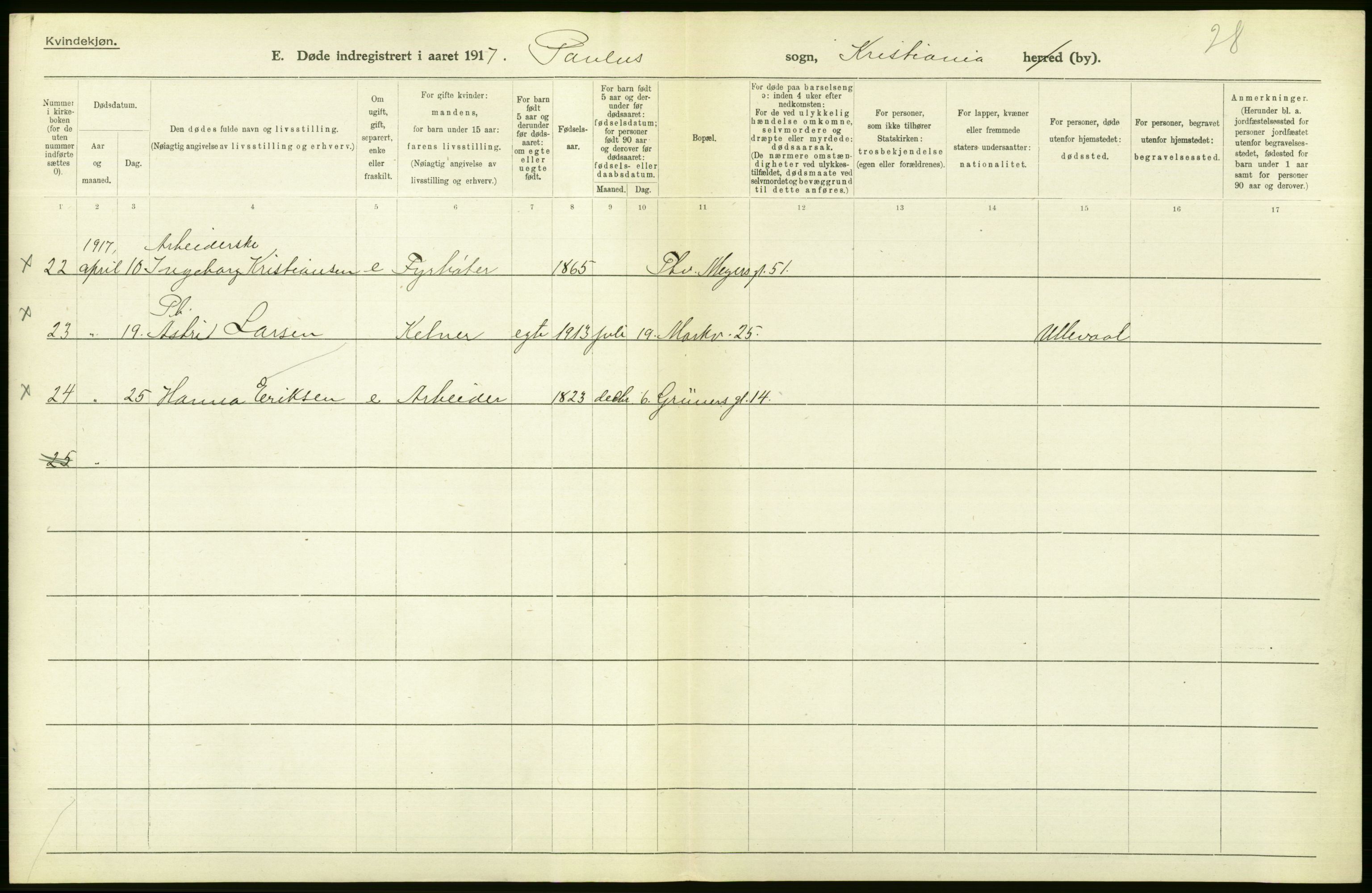 Statistisk sentralbyrå, Sosiodemografiske emner, Befolkning, AV/RA-S-2228/D/Df/Dfb/Dfbg/L0010: Kristiania: Døde, 1917, p. 190