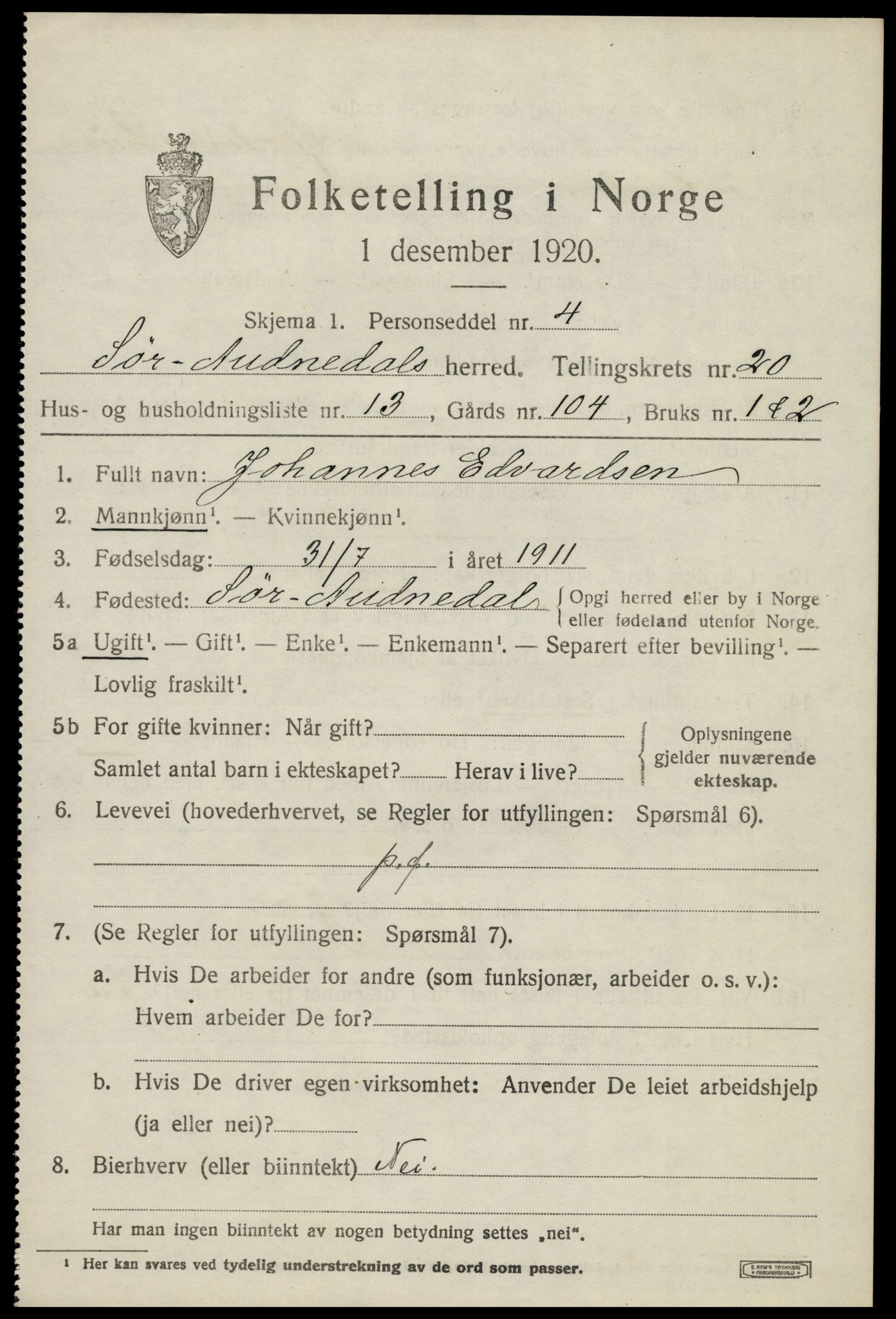 SAK, 1920 census for Sør-Audnedal, 1920, p. 6831