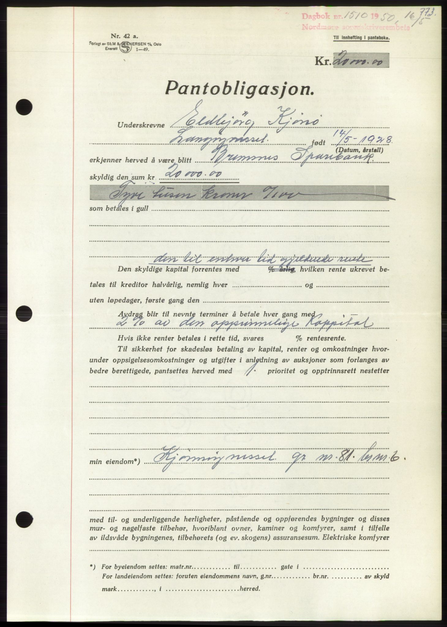 Nordmøre sorenskriveri, AV/SAT-A-4132/1/2/2Ca: Mortgage book no. B104, 1950-1950, Diary no: : 1510/1950