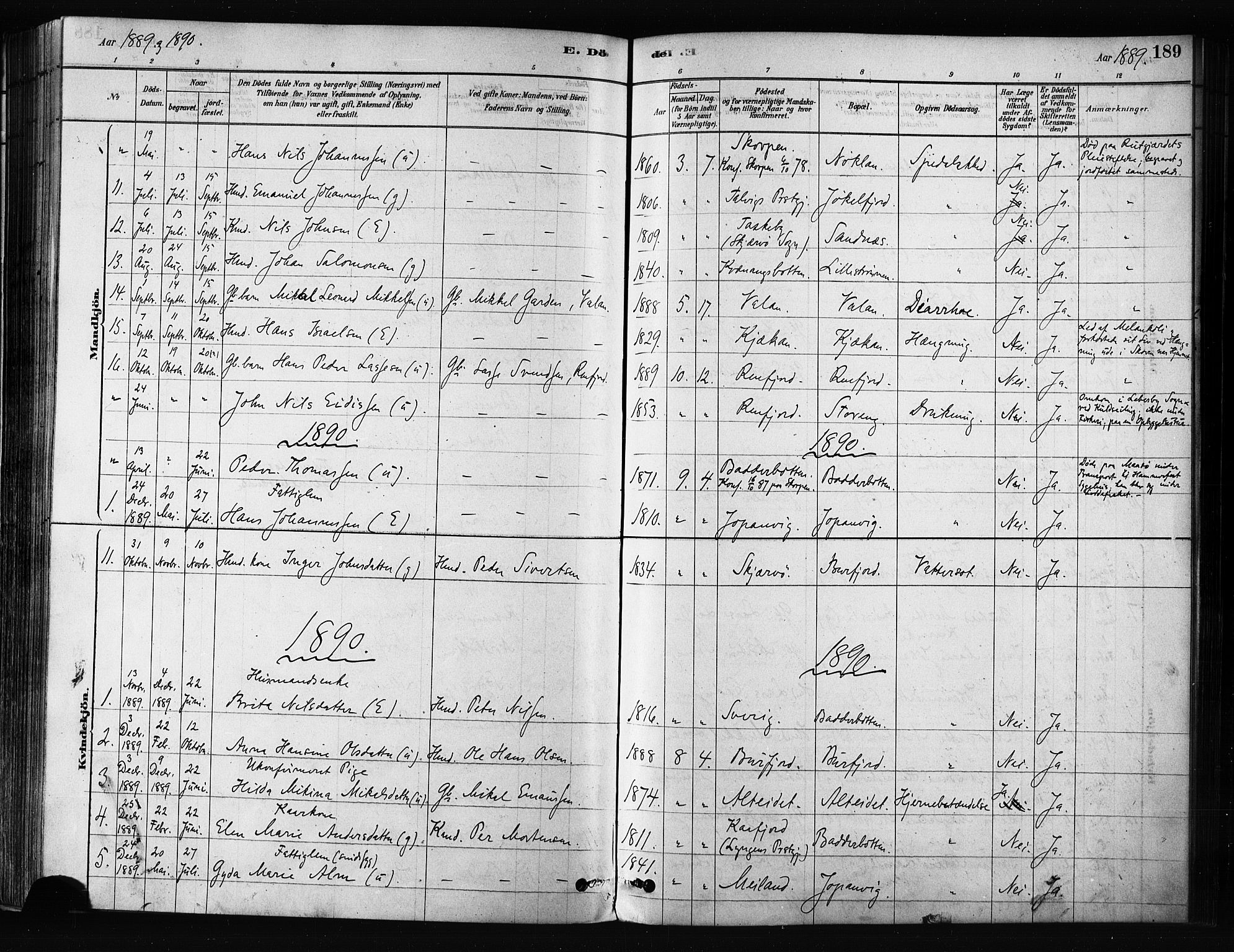 Skjervøy sokneprestkontor, SATØ/S-1300/H/Ha/Haa/L0012kirke: Parish register (official) no. 12, 1878-1891, p. 189