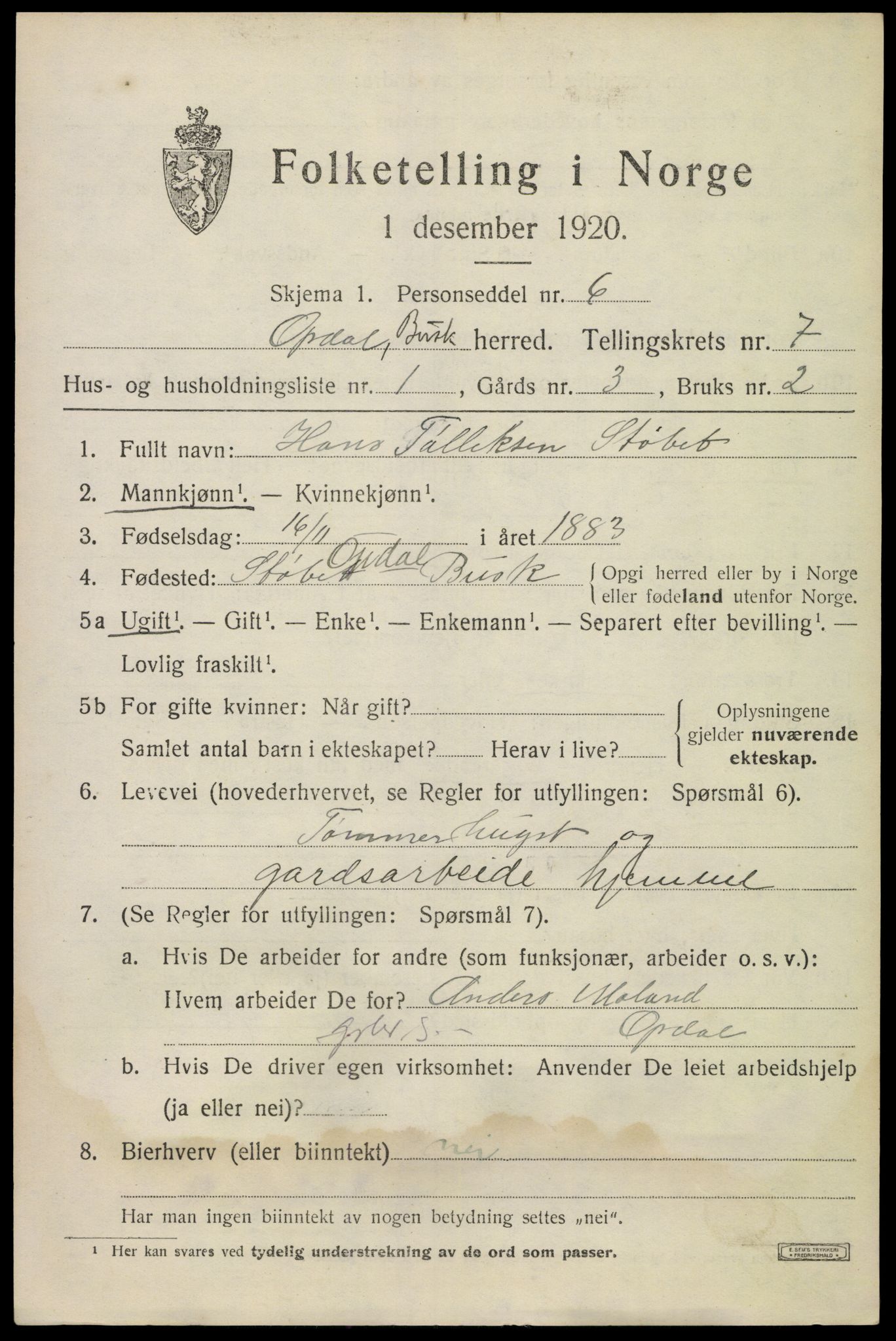 SAKO, 1920 census for Uvdal, 1920, p. 2749