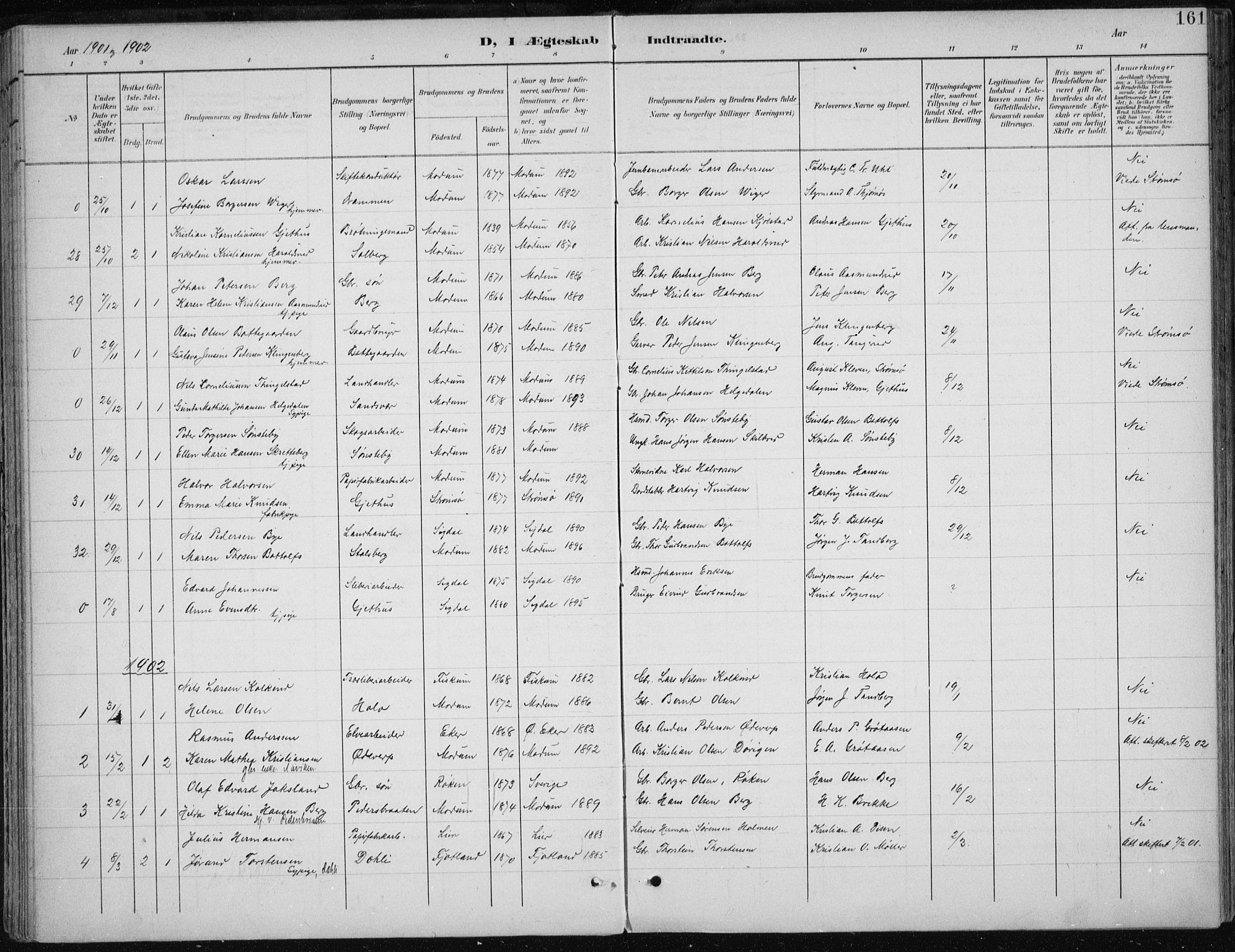 Modum kirkebøker, AV/SAKO-A-234/F/Fa/L0013: Parish register (official) no. 13, 1899-1907, p. 161