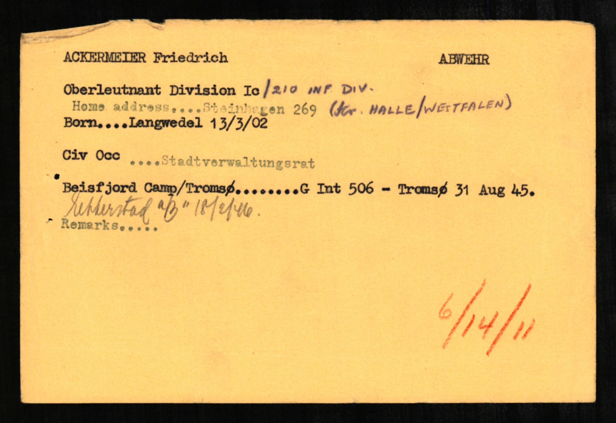 Forsvaret, Forsvarets overkommando II, AV/RA-RAFA-3915/D/Db/L0001: CI Questionaires. Tyske okkupasjonsstyrker i Norge. Tyskere., 1945-1946, p. 41