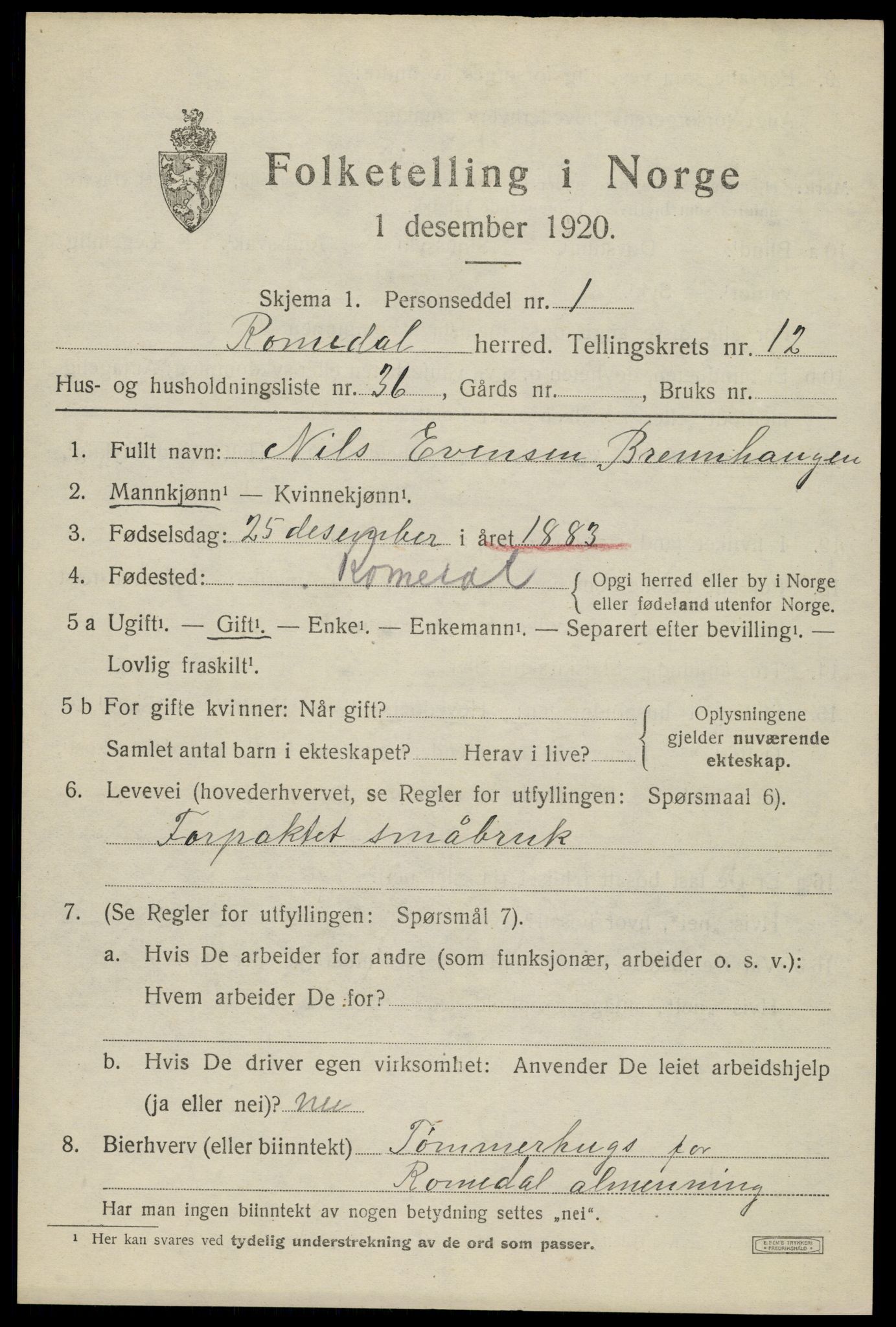 SAH, 1920 census for Romedal, 1920, p. 12937