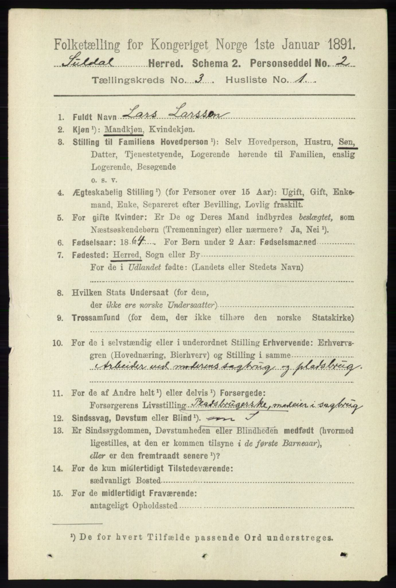 RA, 1891 census for 1134 Suldal, 1891, p. 614