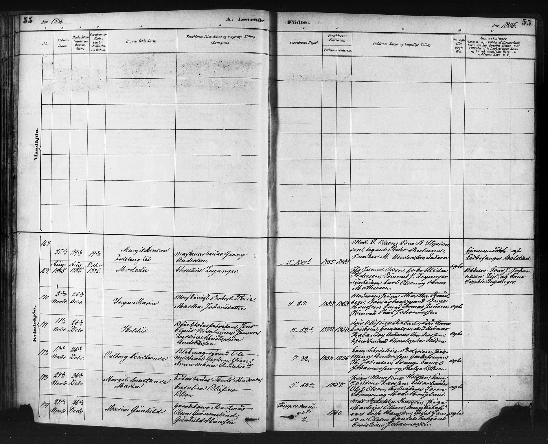 Nykirken Sokneprestembete, AV/SAB-A-77101/H/Haa: Parish register (official) no. B 5, 1885-1894, p. 55