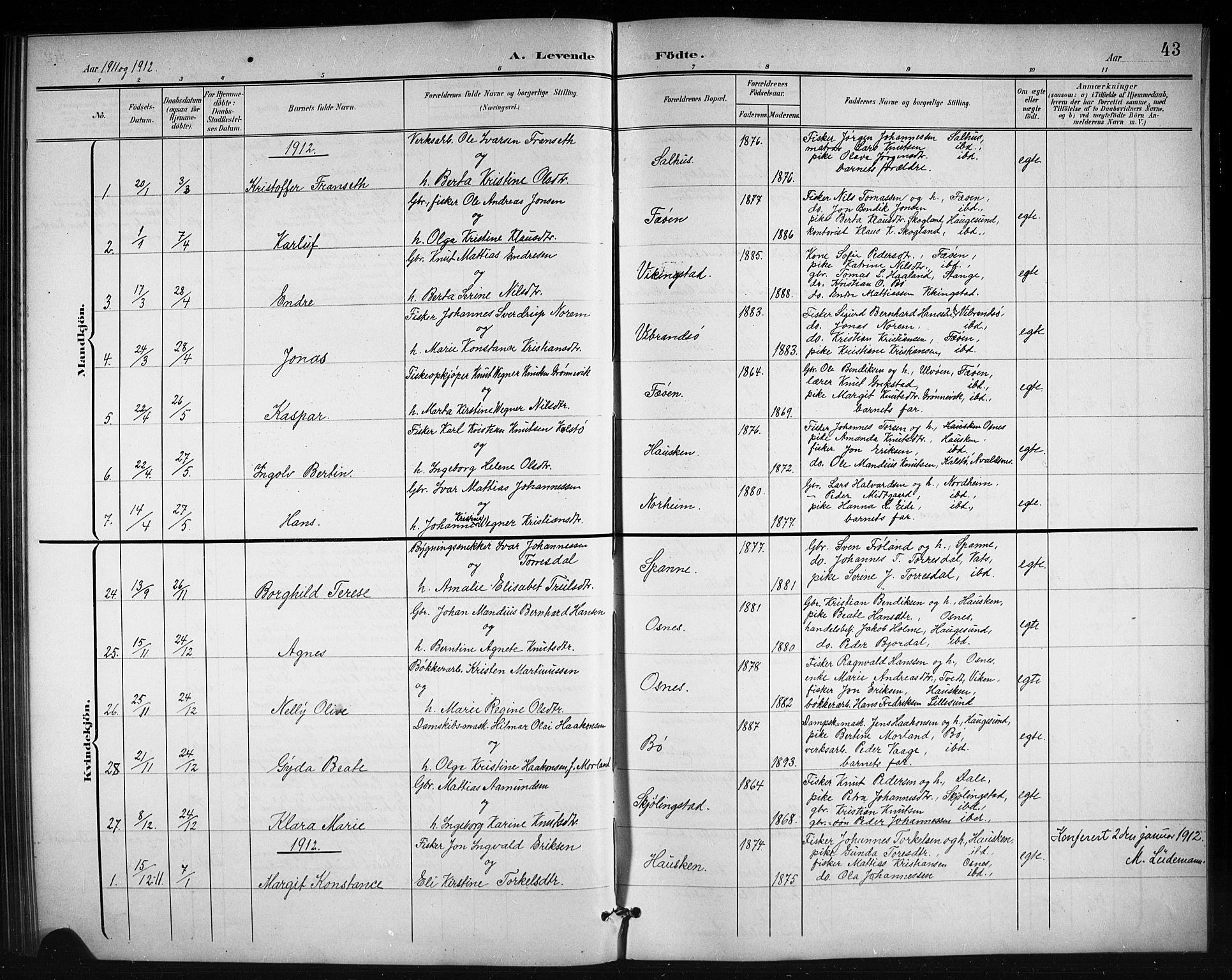 Torvastad sokneprestkontor, SAST/A -101857/H/Ha/Hab/L0008: Parish register (copy) no. B 8, 1901-1924, p. 43