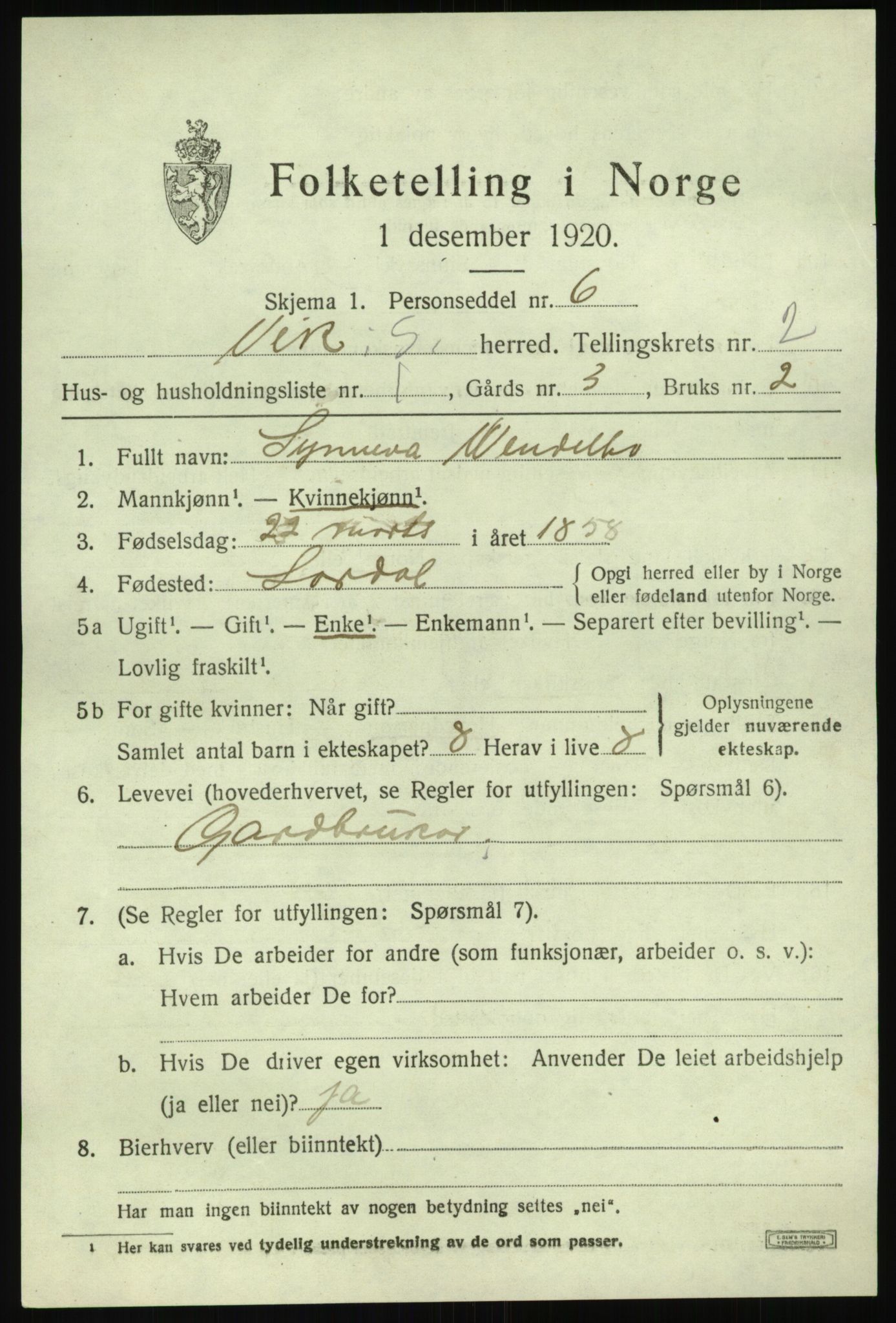 SAB, 1920 census for Vik, 1920, p. 2107