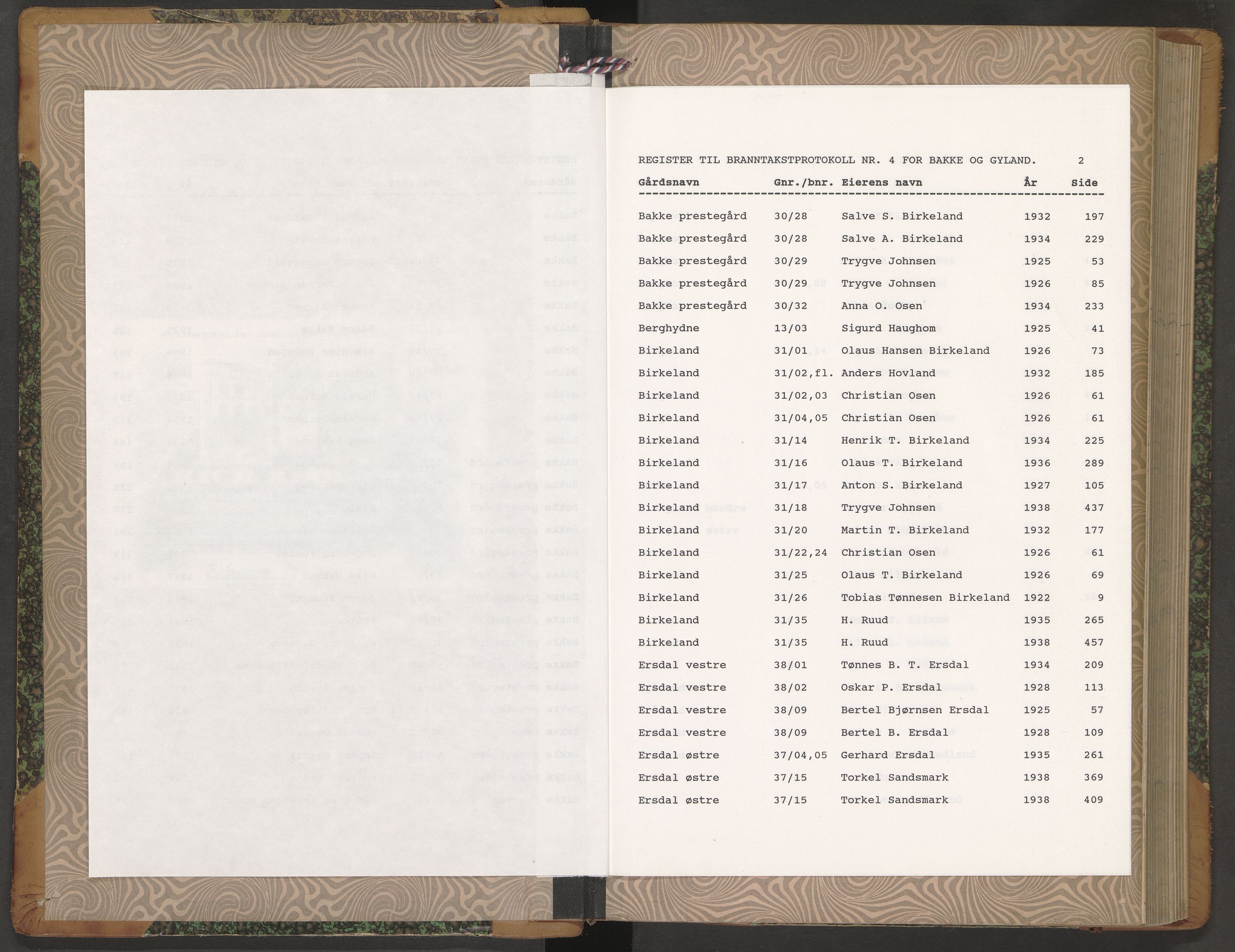 Norges Brannkasse Bakke og Gyland, AV/SAK-2241-0003/F/Fa/L0005: Branntakstprotokoll nr. 4 med gårdsnavnregister, 1922-1939