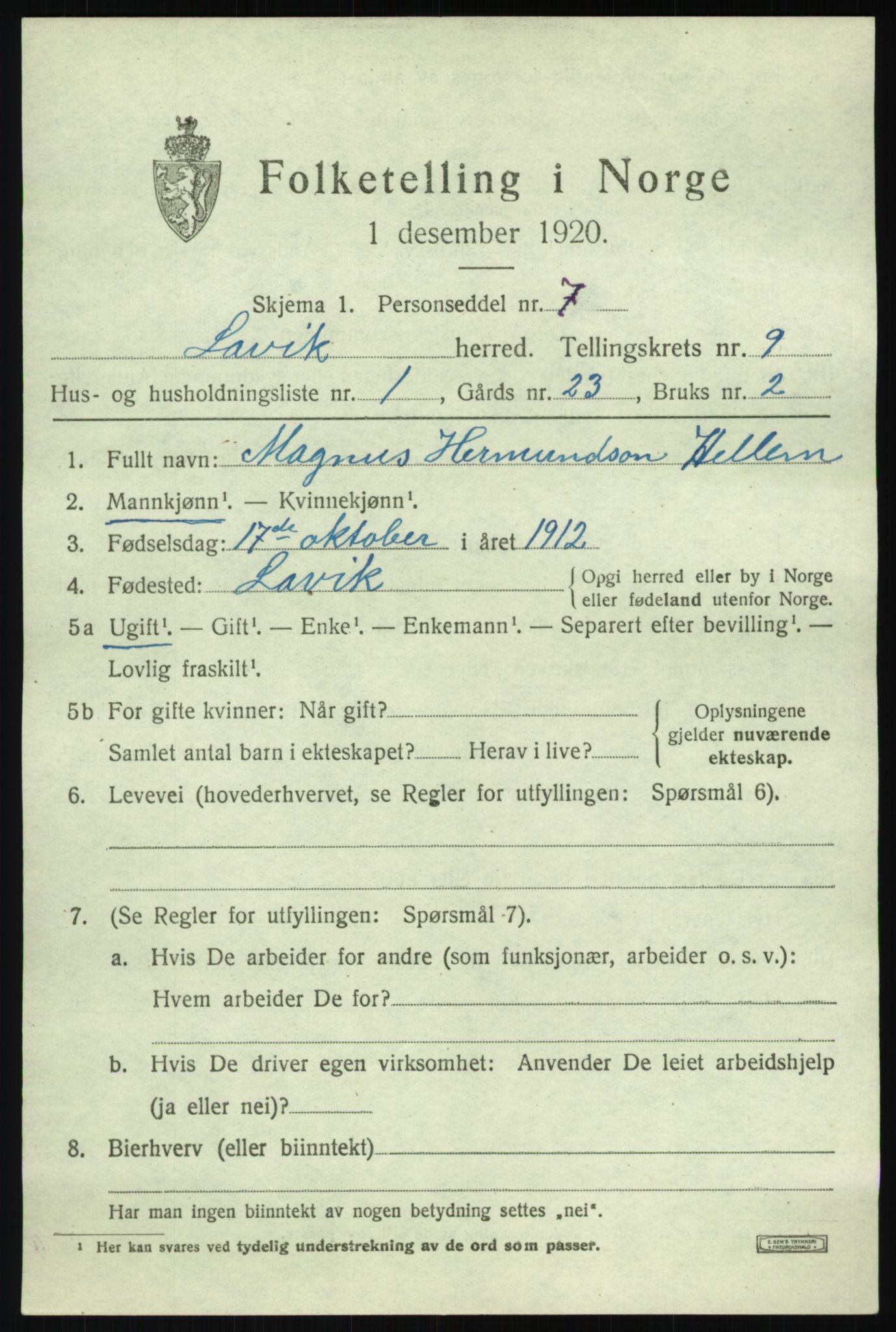 SAB, 1920 census for Lavik, 1920, p. 1918