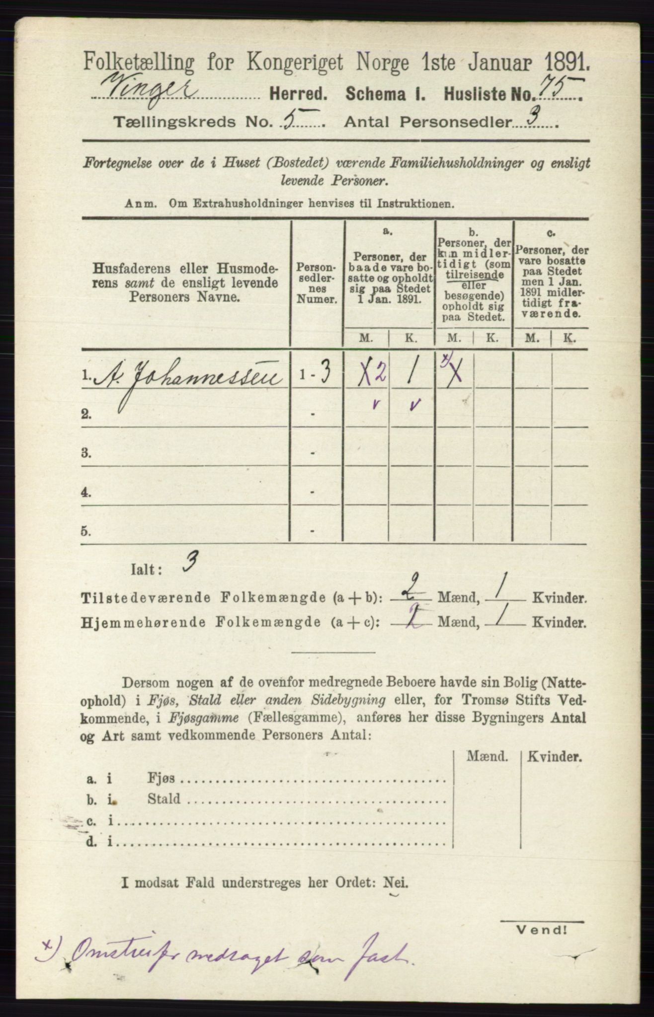 RA, 1891 census for 0421 Vinger, 1891, p. 2042