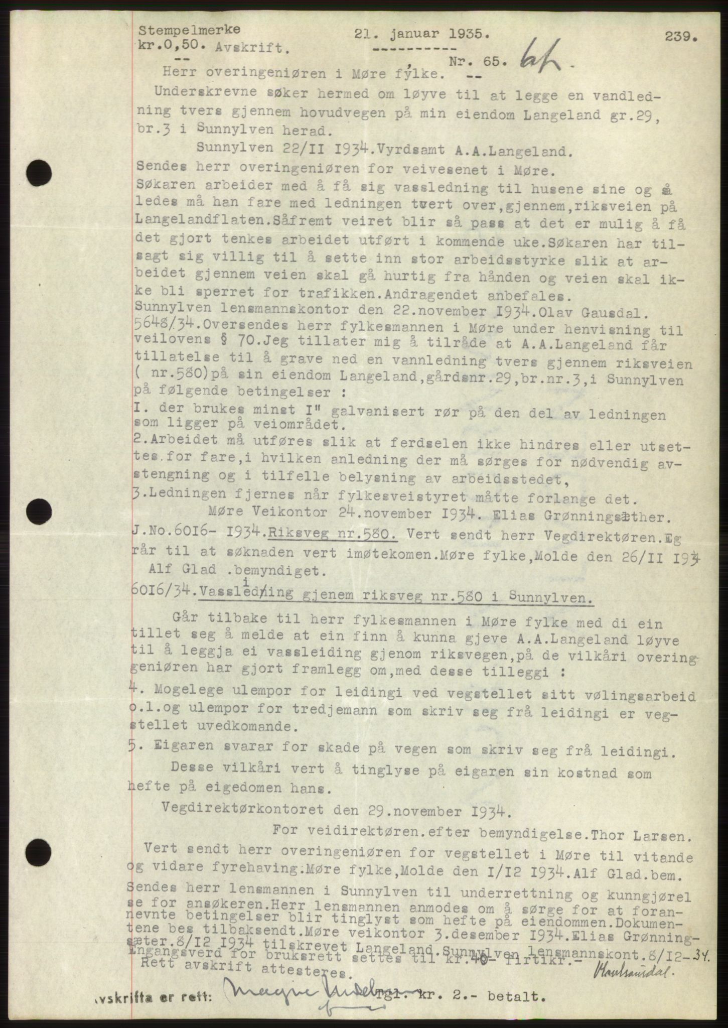 Nordre Sunnmøre sorenskriveri, AV/SAT-A-0006/1/2/2C/2Ca/L0057: Mortgage book no. 57, 1934-1935, Deed date: 21.01.1935