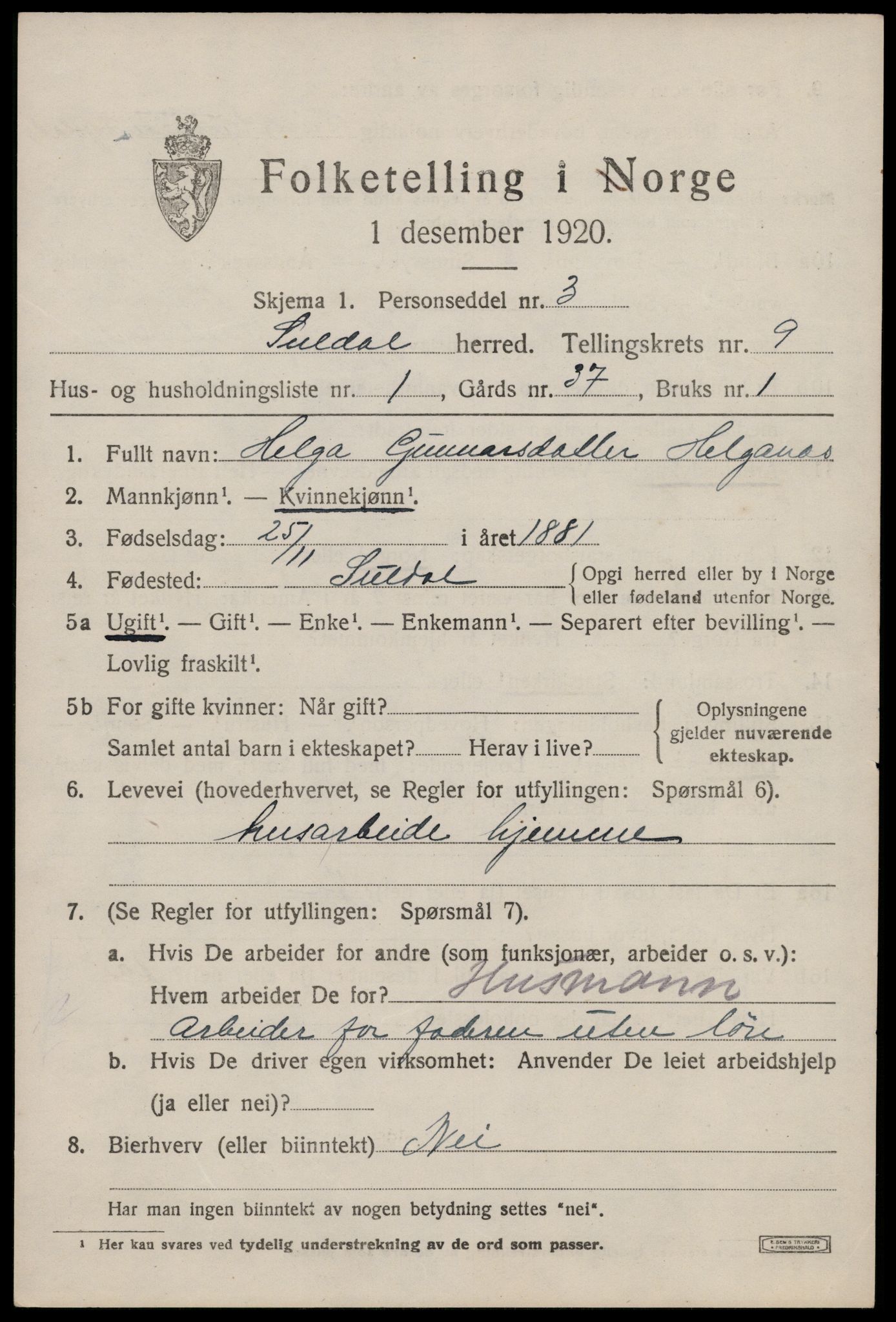 SAST, 1920 census for Suldal, 1920, p. 2150